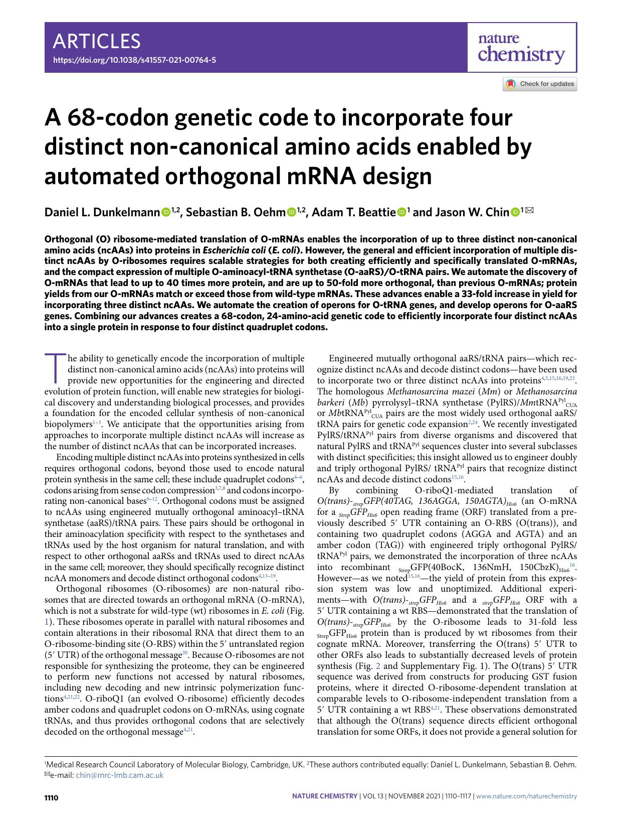 A 68-codon genetic code to incorporate four distinct non-canonical amino acids enabled by automated orthogonal mRNA design by Daniel L. Dunkelmann & Sebastian B. Oehm & Adam T. Beattie & Jason W. Chin