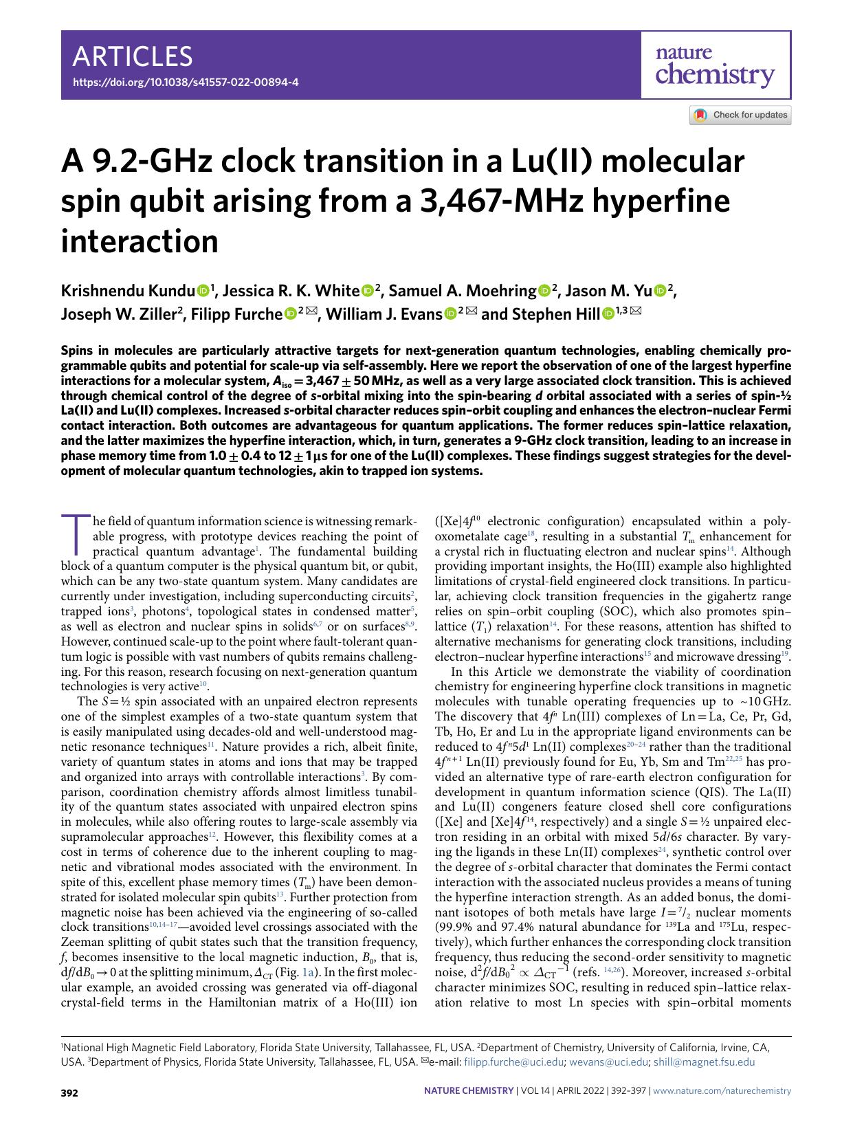 A 9.2-GHz clock transition in a Lu(II) molecular spin qubit arising from a 3,467-MHz hyperfine interaction by unknow