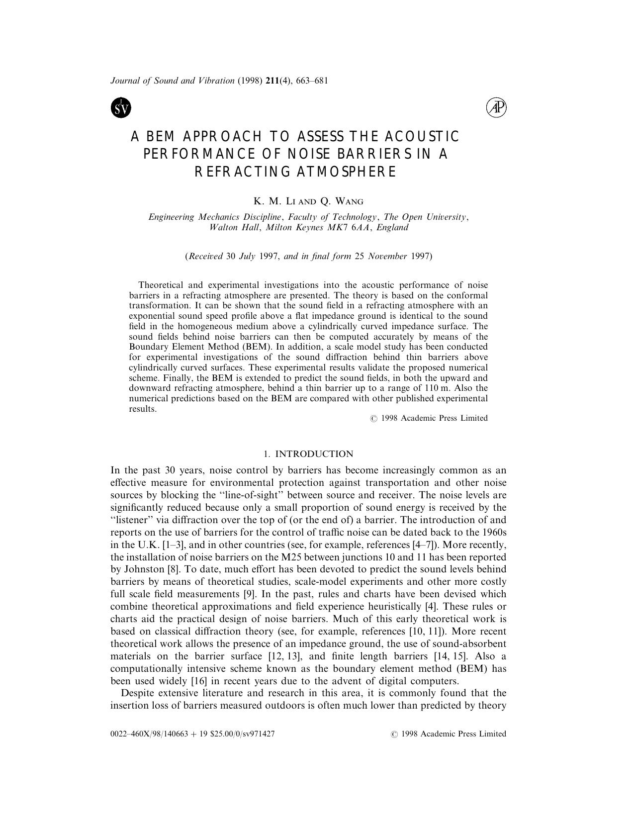 A BEM Approach to Assess the Acoustic Performance of Noise Barriers in a Refracting Atmosphere by Li K. M. & Wang Q