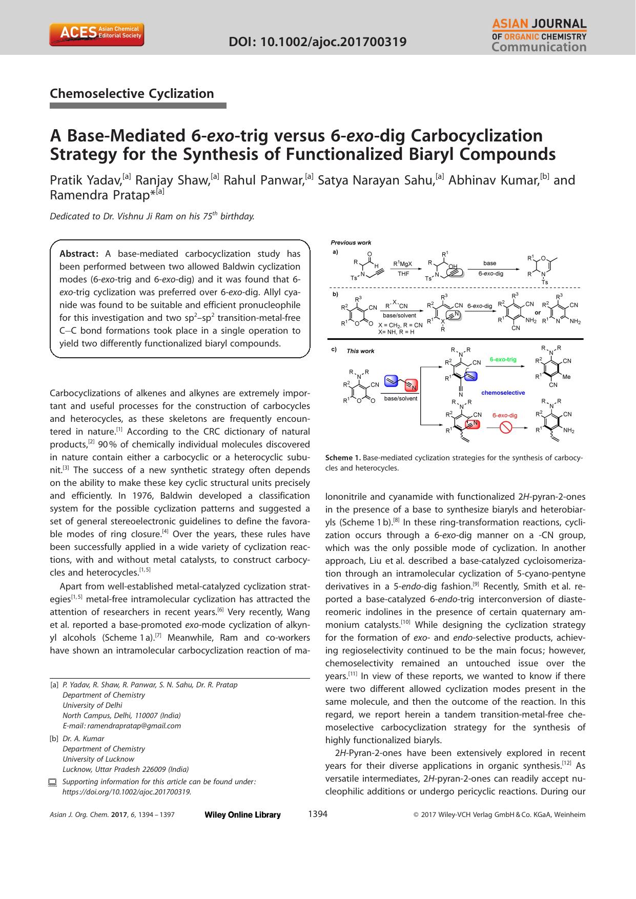 A BaseâMediated 6âexoâtrig versus 6âexoâdig Carbocyclization Strategy for the Synthesis of Functionalized Biaryl Compounds by Unknown