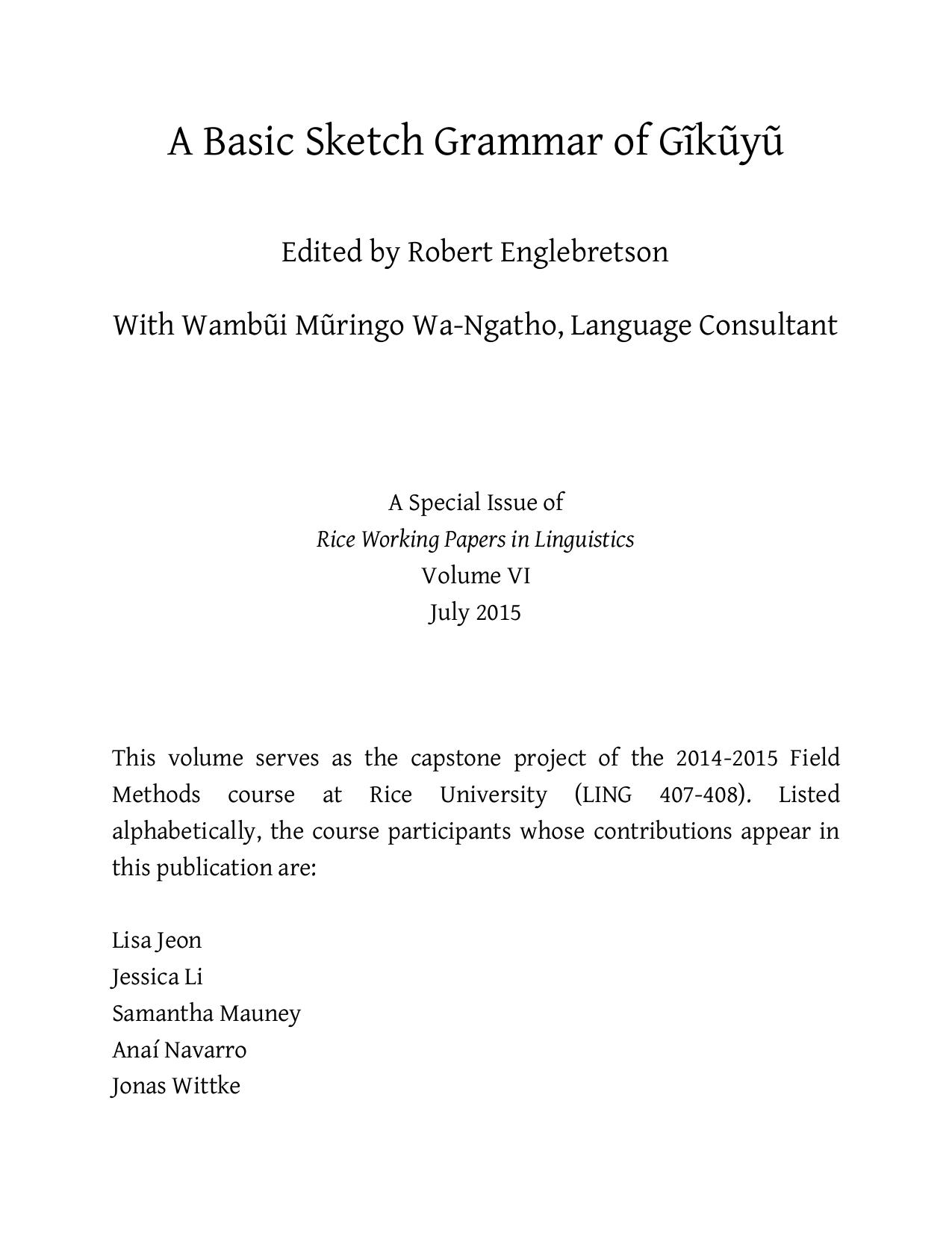A Basic Sketch Grammar of Gĩkũyũ by Robert Englebretson Wambũi Mũringo Wa-Ngatho