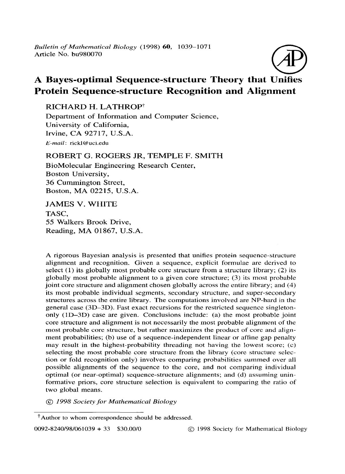 A Bayes-optimal sequence-structure theory that unifies protein sequence-structure recognition and alignment by unknow