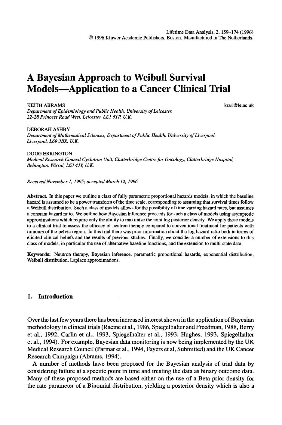 A Bayesian approach to Weibull survival models&#x2014;Application to a cancer clinical trial by Application to a Cancer Clinical Trial (1996)(16s)
