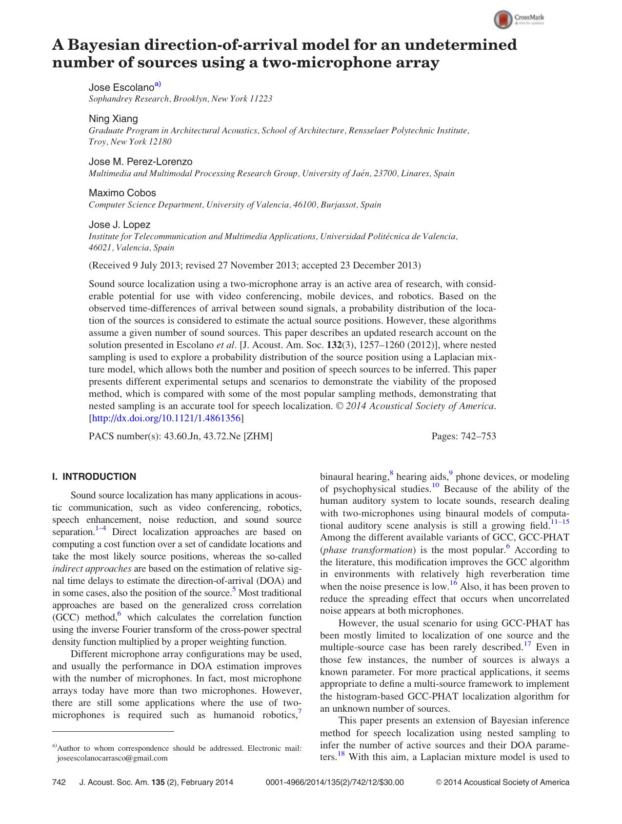 A Bayesian direction-of-arrival model for an undetermined number of sources using a two-microphone array by Jose Escolanoa) Ning Xiang Jose M. Perez-Lorenzo Maximo Cobos and Jose J. Lopez