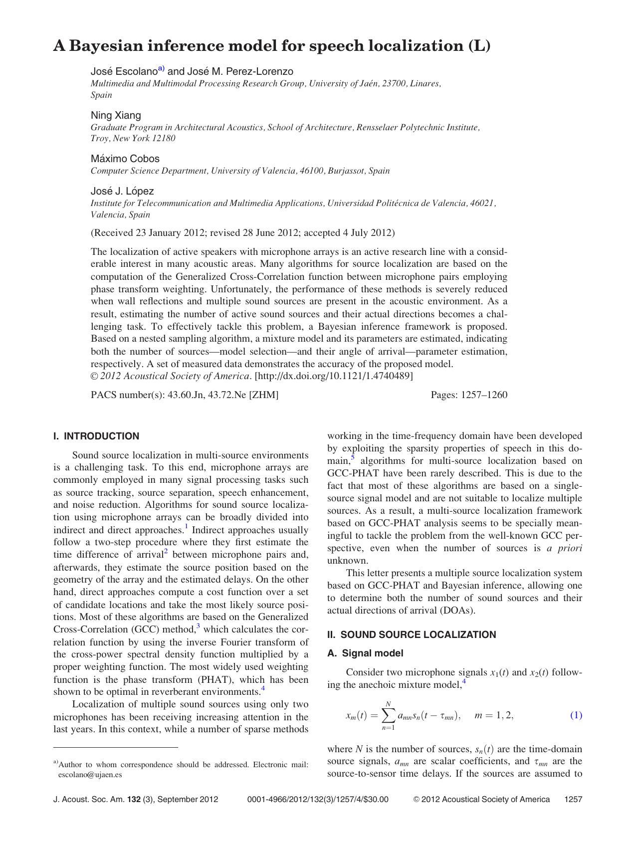 A Bayesian inference model for speech localization (L) by Jose Escolanoa) and Jose M. Perez-Lorenzo Ning Xiang Maximo Cobos and Jose J. Lopez