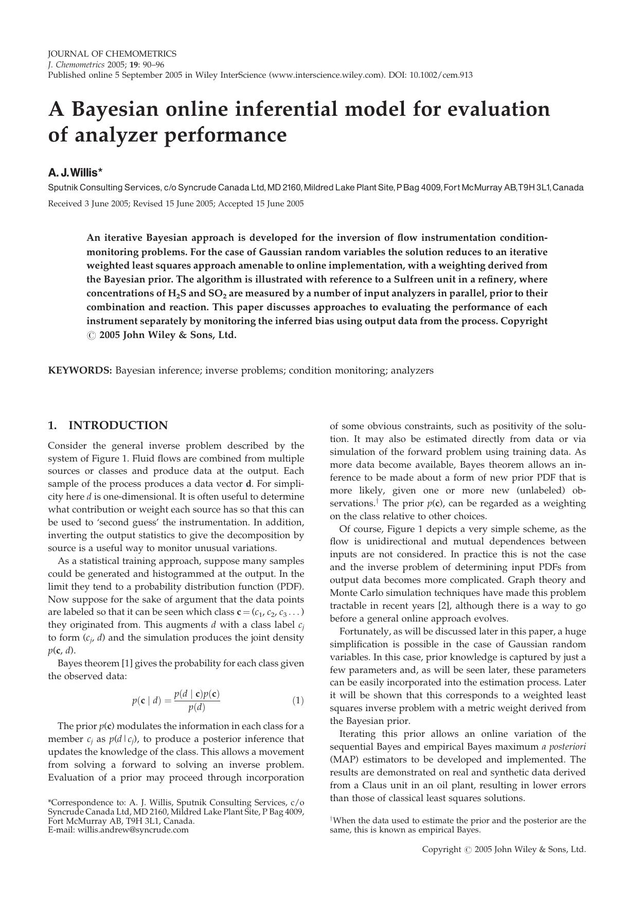 A Bayesian online inferential model for evaluation of analyzer performance by Unknown