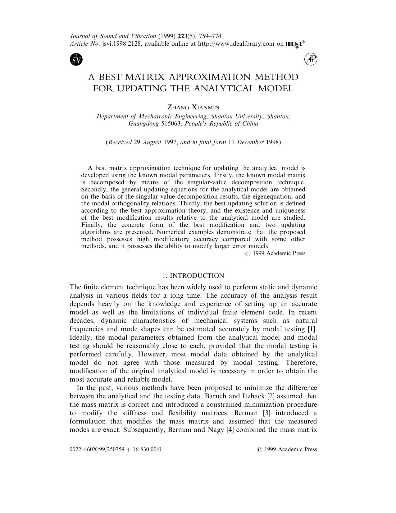 A Best Matrix Approximation Method for Updating the Analytical Model by Xianmin Z. et al