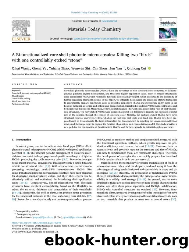 A Bi-functionalized core-shell photonic microcapsules: Killing two âbirdsâ with one controllably etched âstoneâ by Qikai Wang & Cheng Ye & Yuhang Zhao & Wenwen Shi & Can Zhou & Jun Yan & Qiuhong Cui