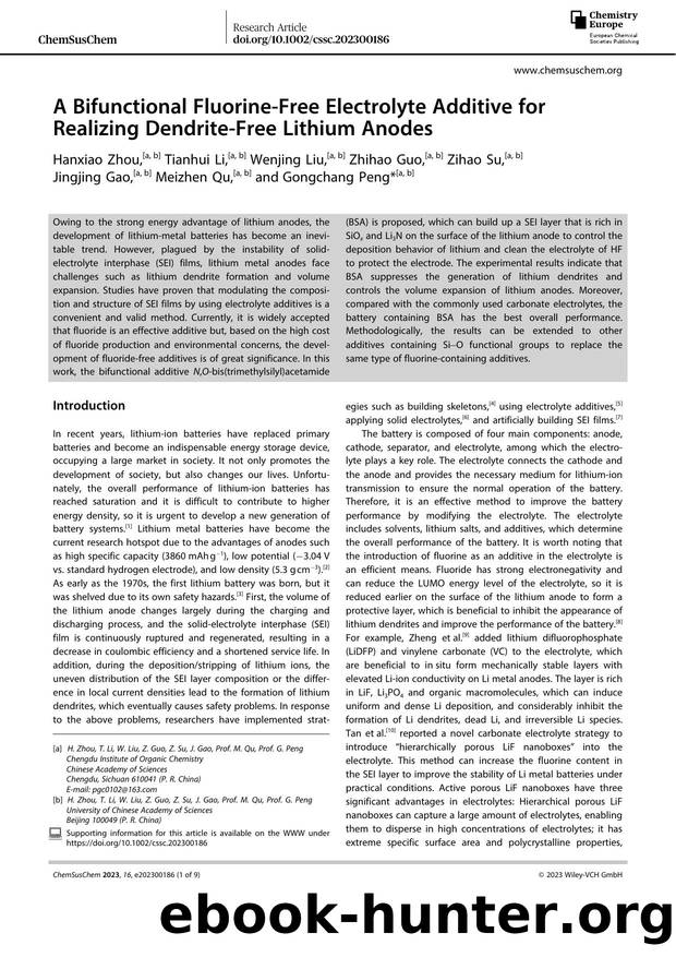 A Bifunctional FluorineâFree Electrolyte Additive for Realizing DendriteâFree Lithium Anodes by Unknown