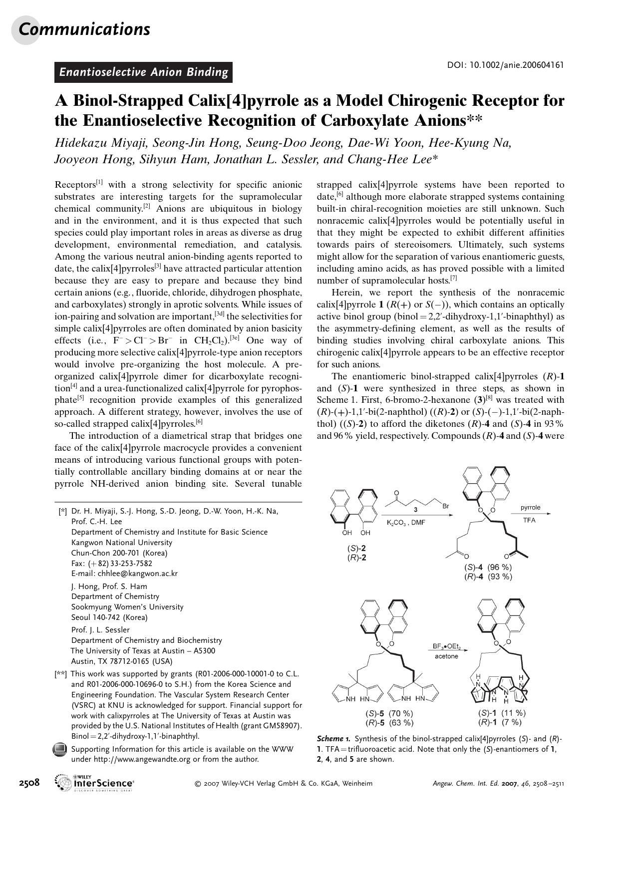 A Binol-Strapped Calix[4]pyrrole as a Model Chirogenic Receptor for the Enantioselective Recognition of Carboxylate Anions by Unknown