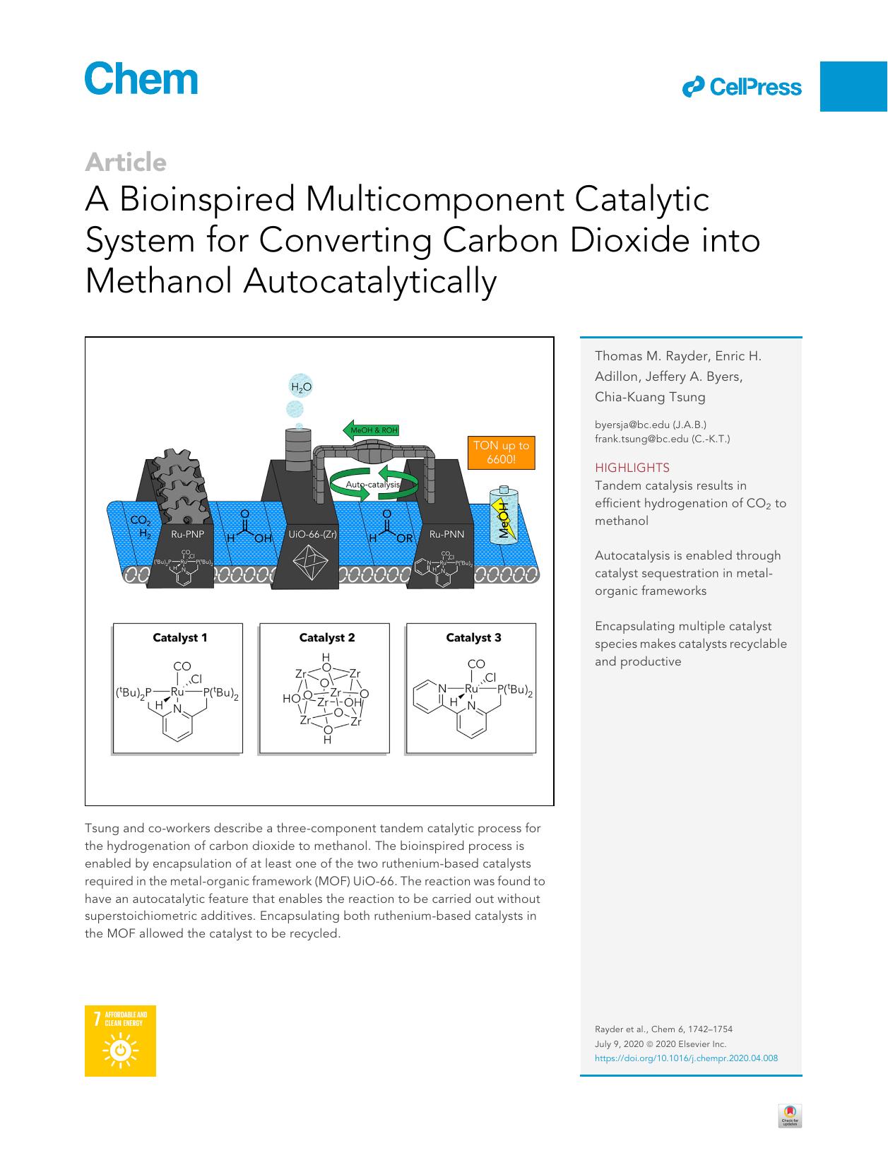 A Bioinspired Multicomponent Catalytic System for Converting Carbon Dioxide into Methanol Autocatalytically by Thomas M. Rayder & Enric H. Adillon & Jeffery A. Byers & Chia-Kuang Tsung