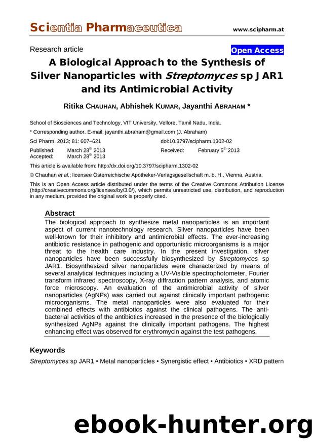 A Biological Approach to the Synthesis of Silver Nanoparticles with Streptomyces sp JAR1 and its Antimicrobial Activity by Ritika CHAUHAN Abhishek KUMAR Jayanthi ABRAHAM