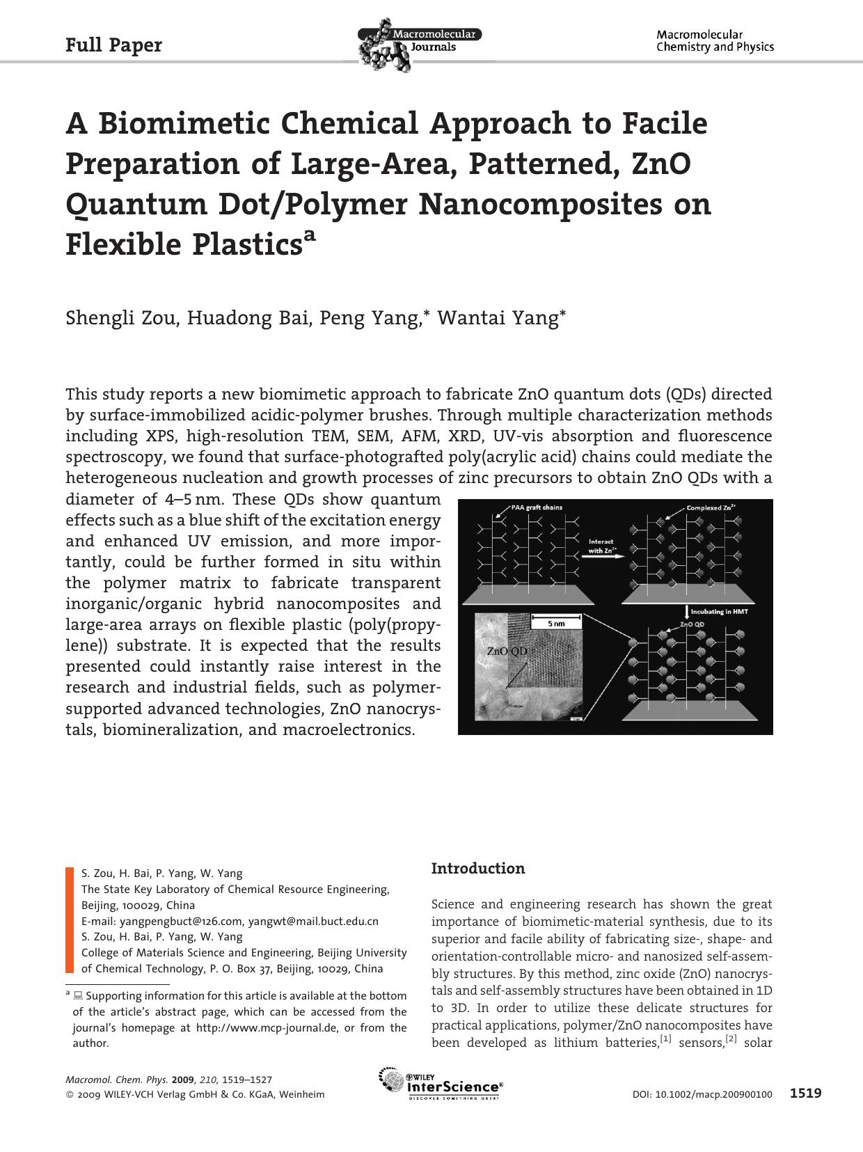 A Biomimetic Chemical Approach to Facile Preparation of Large-Area, Patterned, ZnO Quantum DotPolymer Nanocomposites on Flexible Plastics by Unknown