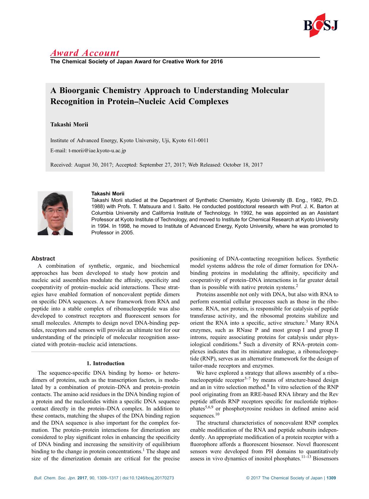 A Bioorganic Chemistry Approach to Understanding Molecular Recognition in ProteinâNucleic Acid Complexes by Unknown