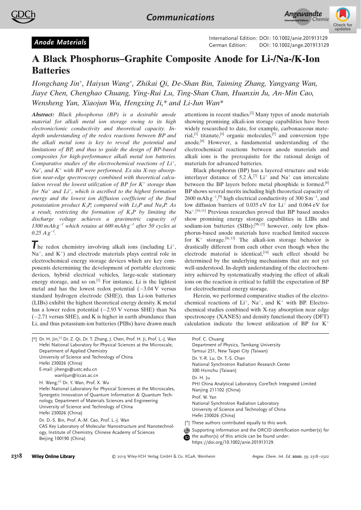 A Black PhosphorusâGraphite Composite Anode for LiâNaâKâIon Batteries by Unknown