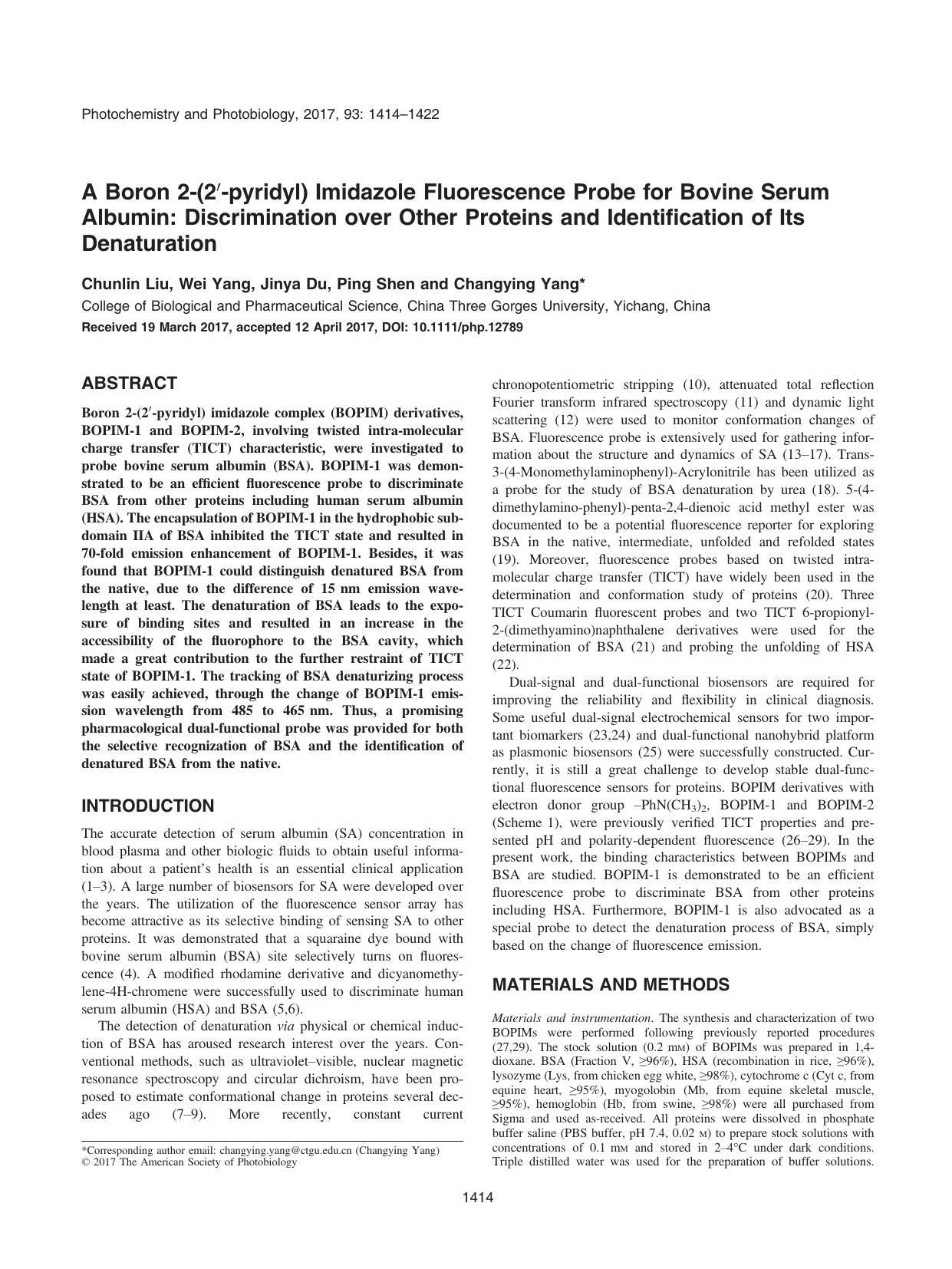A Boron 2â(2â²âpyridyl) Imidazole Fluorescence Probe for Bovine Serum Albumin: Discrimination over Other Proteins and Identification of Its Denaturation by Unknown