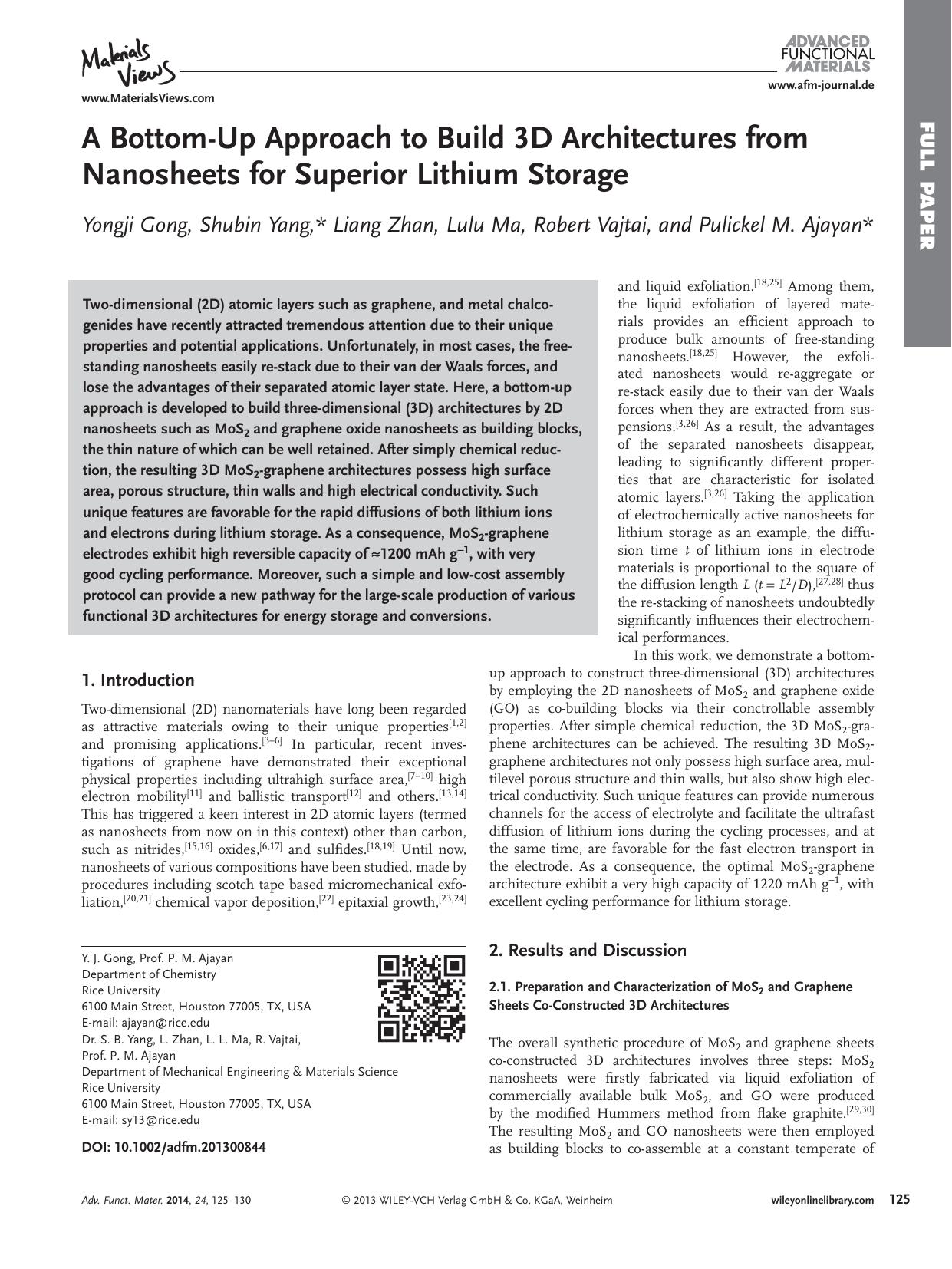 A BottomUp Approach to Build 3D Architectures from Nanosheets for Superior Lithium Storage by s-w-270