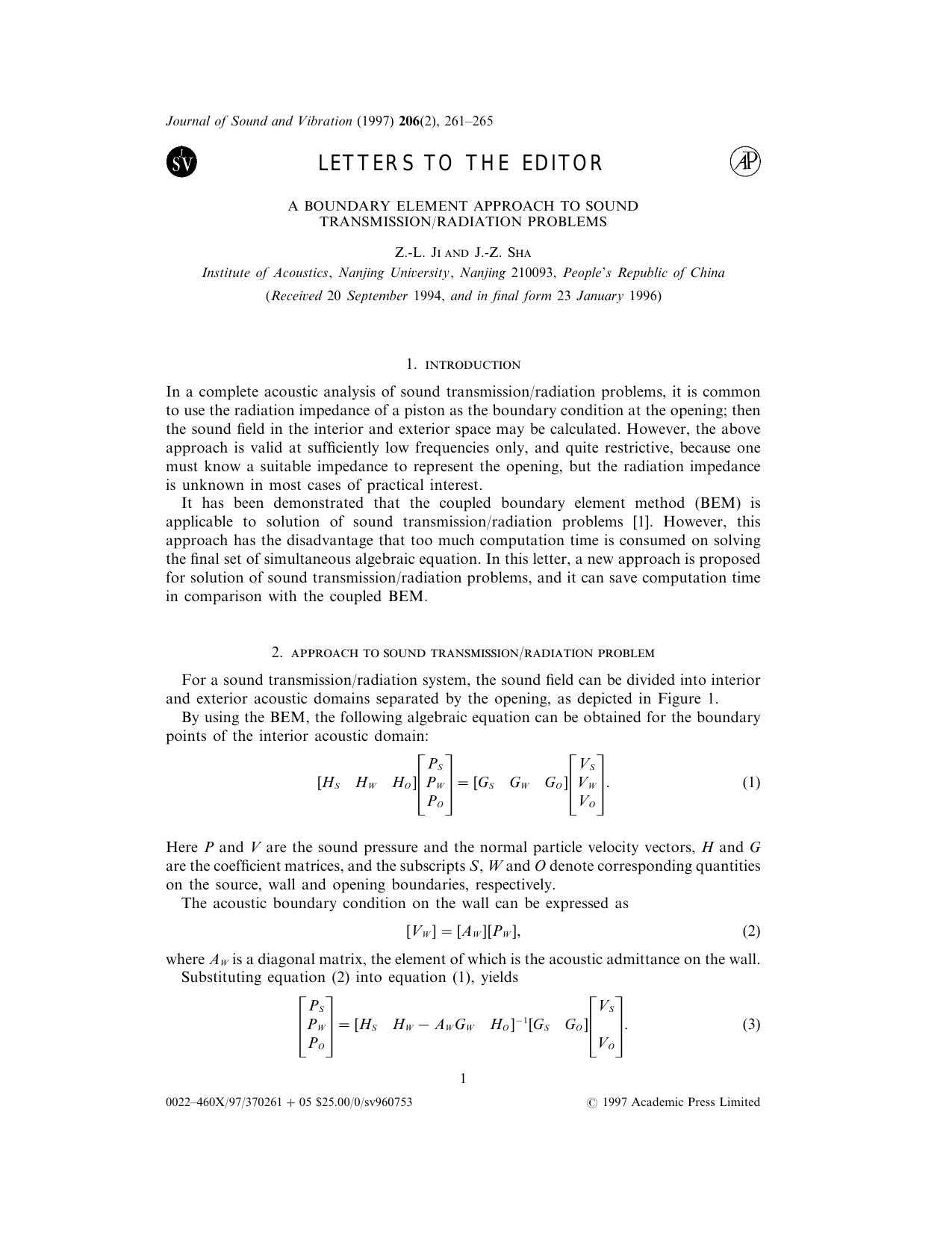 A Boundary Element Approach to Sound TransmissionRadiation Problems by Ji Z.-L. & Sha J.-Z
