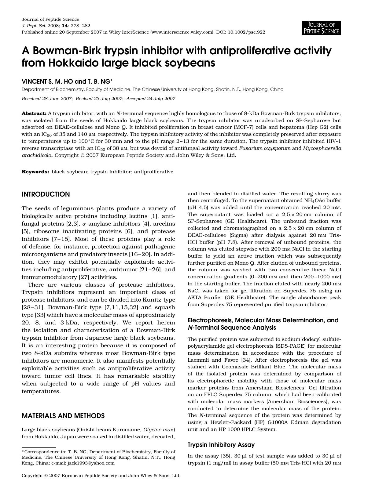 A Bowman-Birk trypsin inhibitor with antiproliferative activity from Hokkaido large black soybeans by Unknown