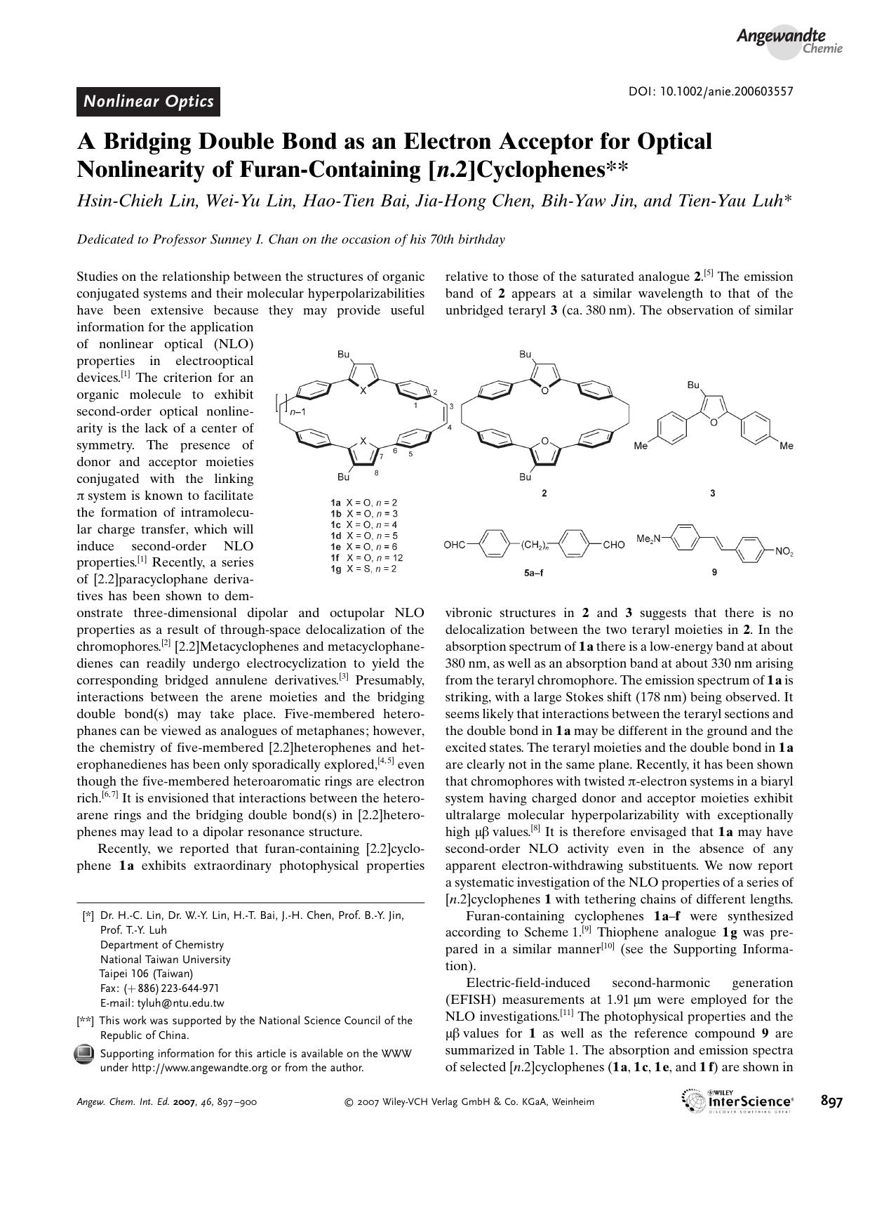 A Bridging Double Bond as an Electron Acceptor for Optical Nonlinearity of Furan-Containing [n.2]Cyclophenes by Unknown