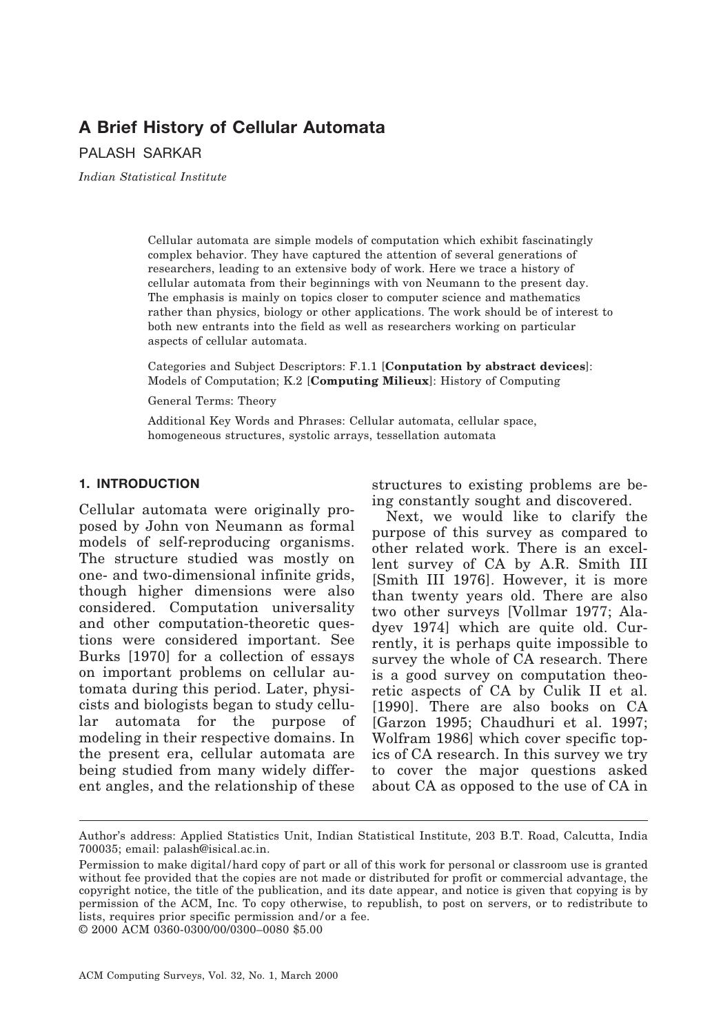 A Brief History of Cellular Automata by Palash Sarkar