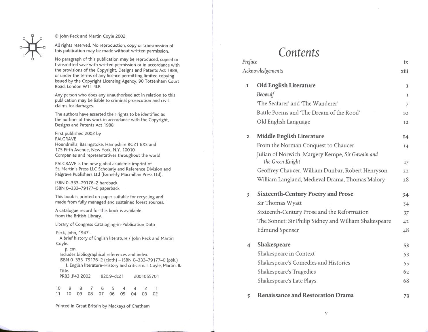 A Brief History of English Literature by John Peck Martin Coyle