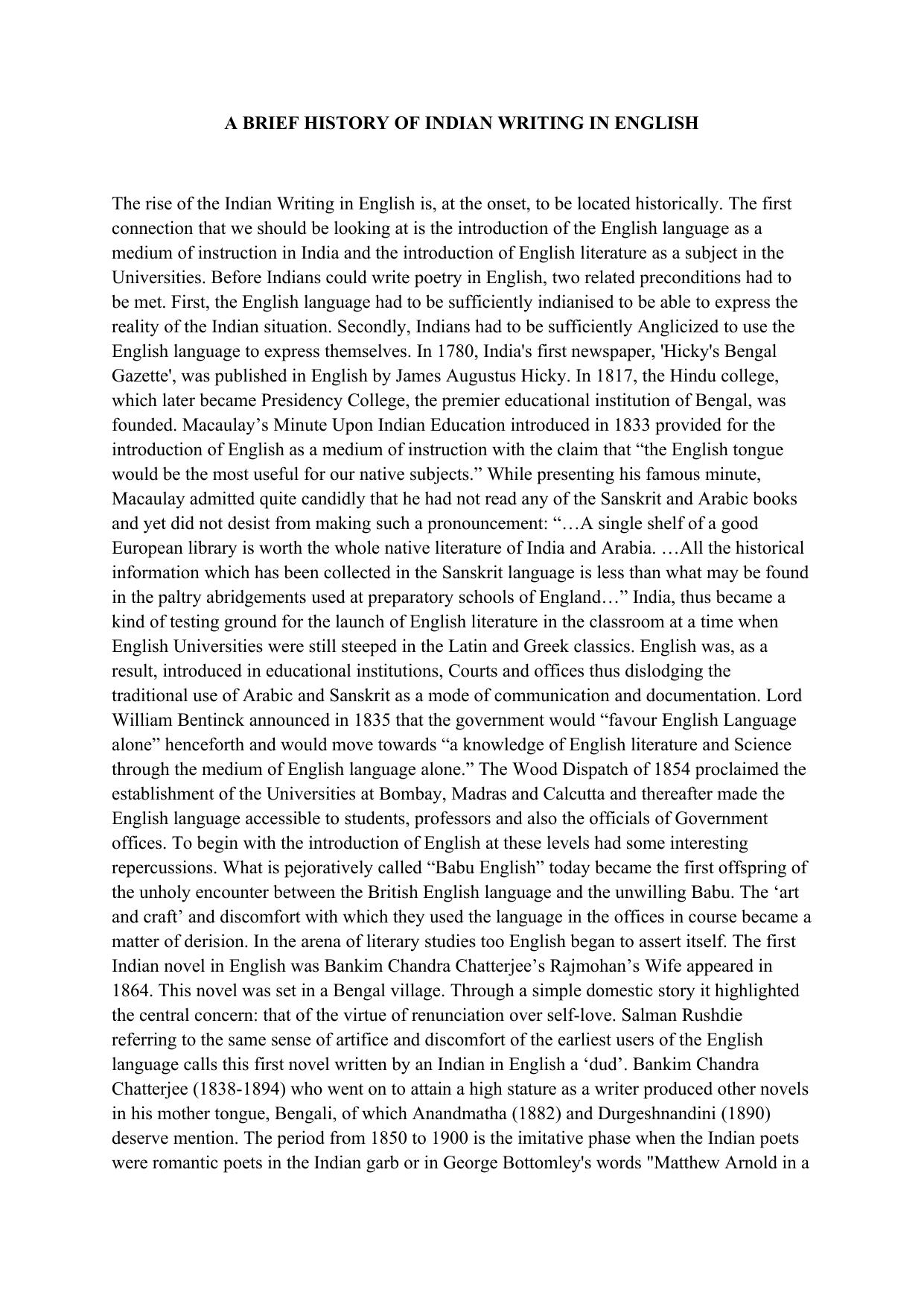 A Brief History of Indian Writing in English by Unknown