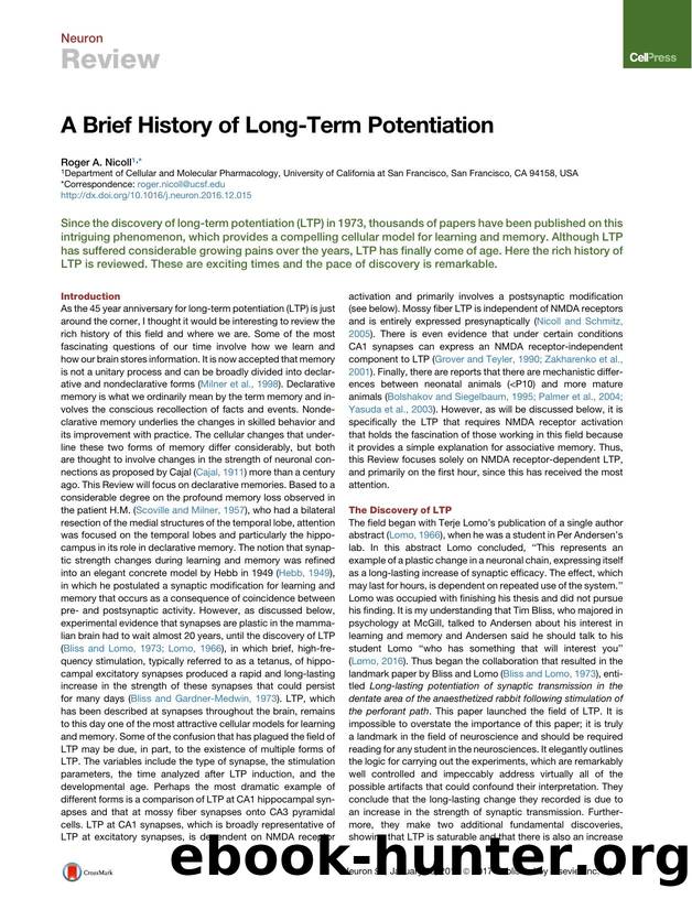 A Brief History of Long-Term Potentiation by Roger A. Nicoll