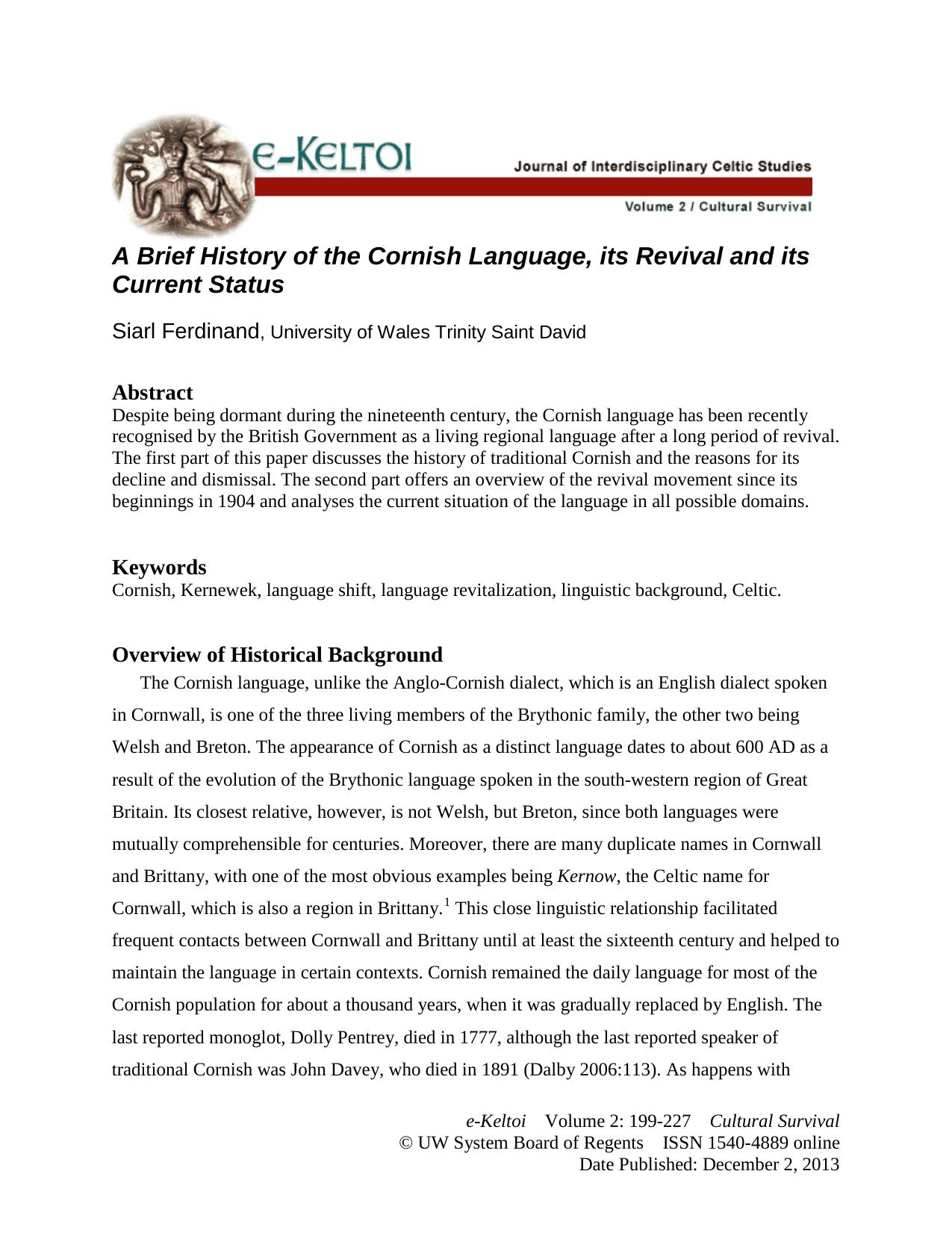 A Brief History of the Cornish Language, its Revival and its Current Status by Siarl Ferdinand
