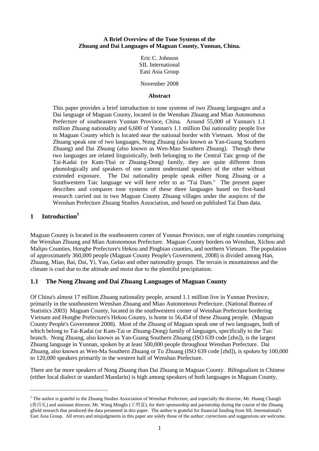 A Brief Overview of the Tone Systems of the Zhuang and Dai Languages of Maguan County, Yunnan, China by Eric C. Johnson