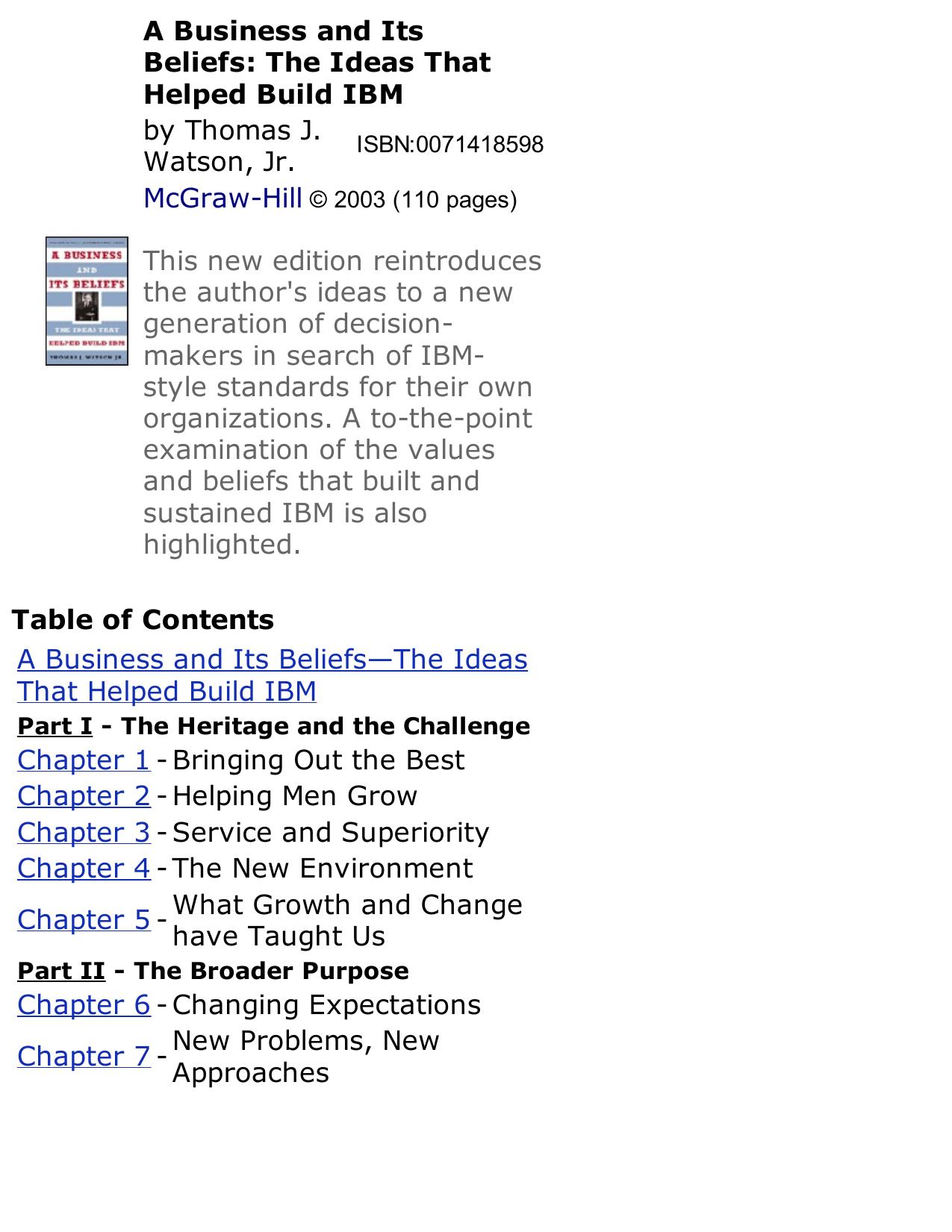 A Business and ItsBeliefs The Ideas ThatHelped Build IBM by Thomas J Watson