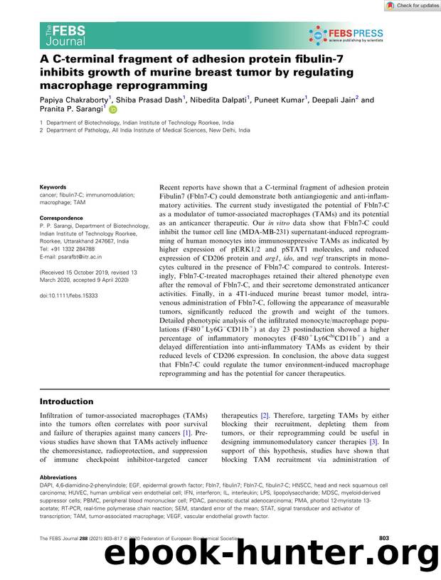 A Câterminal fragment of adhesion protein fibulinâ7 inhibits growth of murine breast tumor by regulating macrophage reprogramming by Unknown