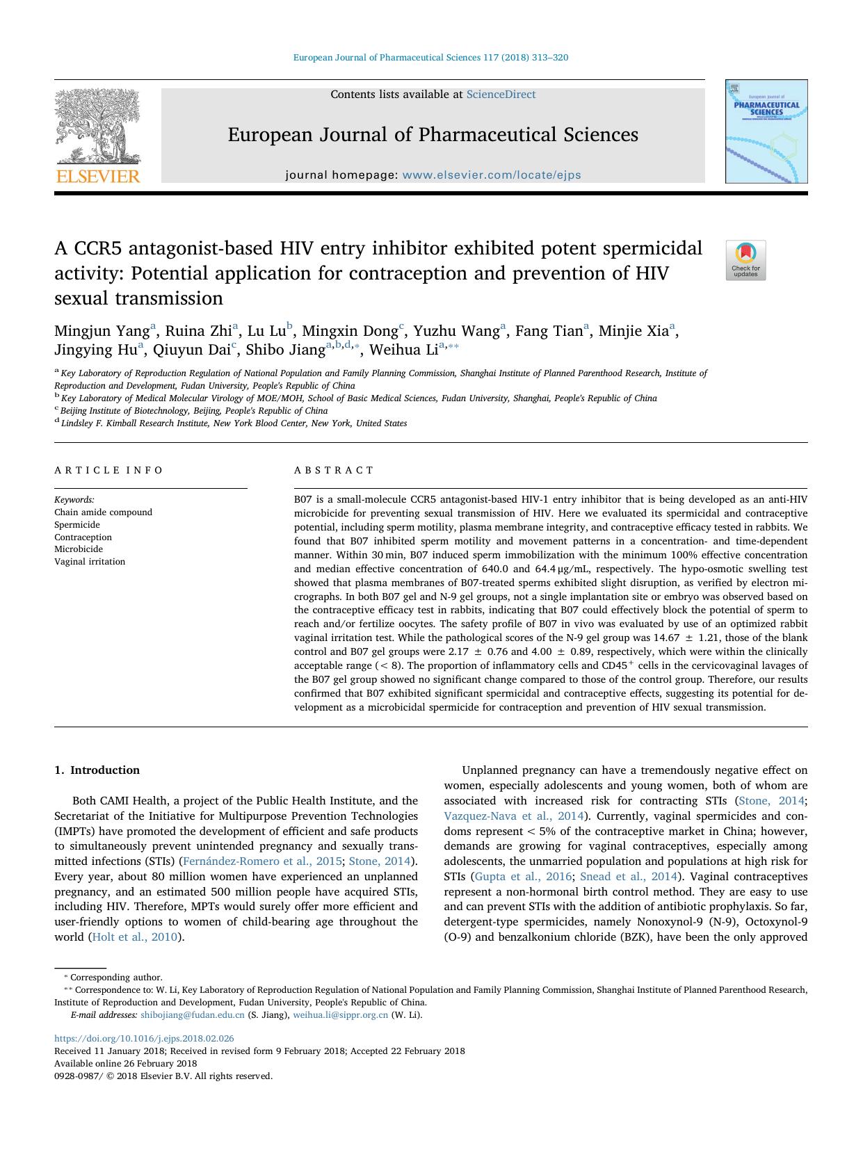 A CCR5 antagonist-based HIV entry inhibitor exhibited potent spermicidal activity_ Potential application for contraception and prevention of HIV sexual transmission by unknow
