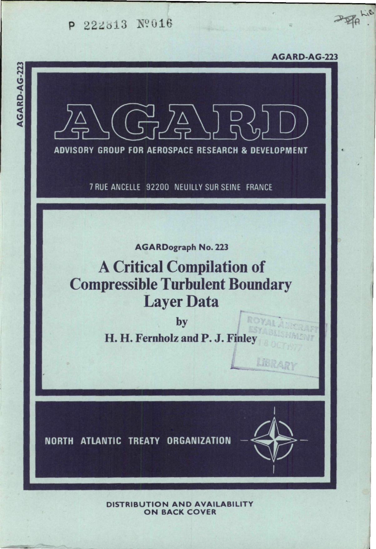 A CRITICAL COMPILATION OF COMPRESSIBLE TURBULENT BOUNDARY LAYER DATA by Fernholz H.H