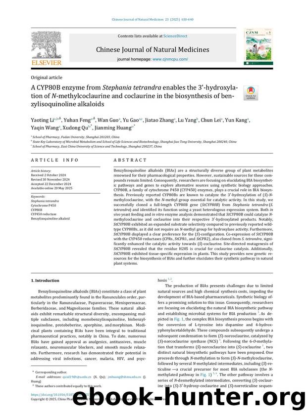 A CYP80B enzyme from Stephania tetrandra enables the 3'-hydroxylation of N-methylcoclaurine and coclaurine in the biosynthesis of benzylisoquinoline alkaloids by unknow