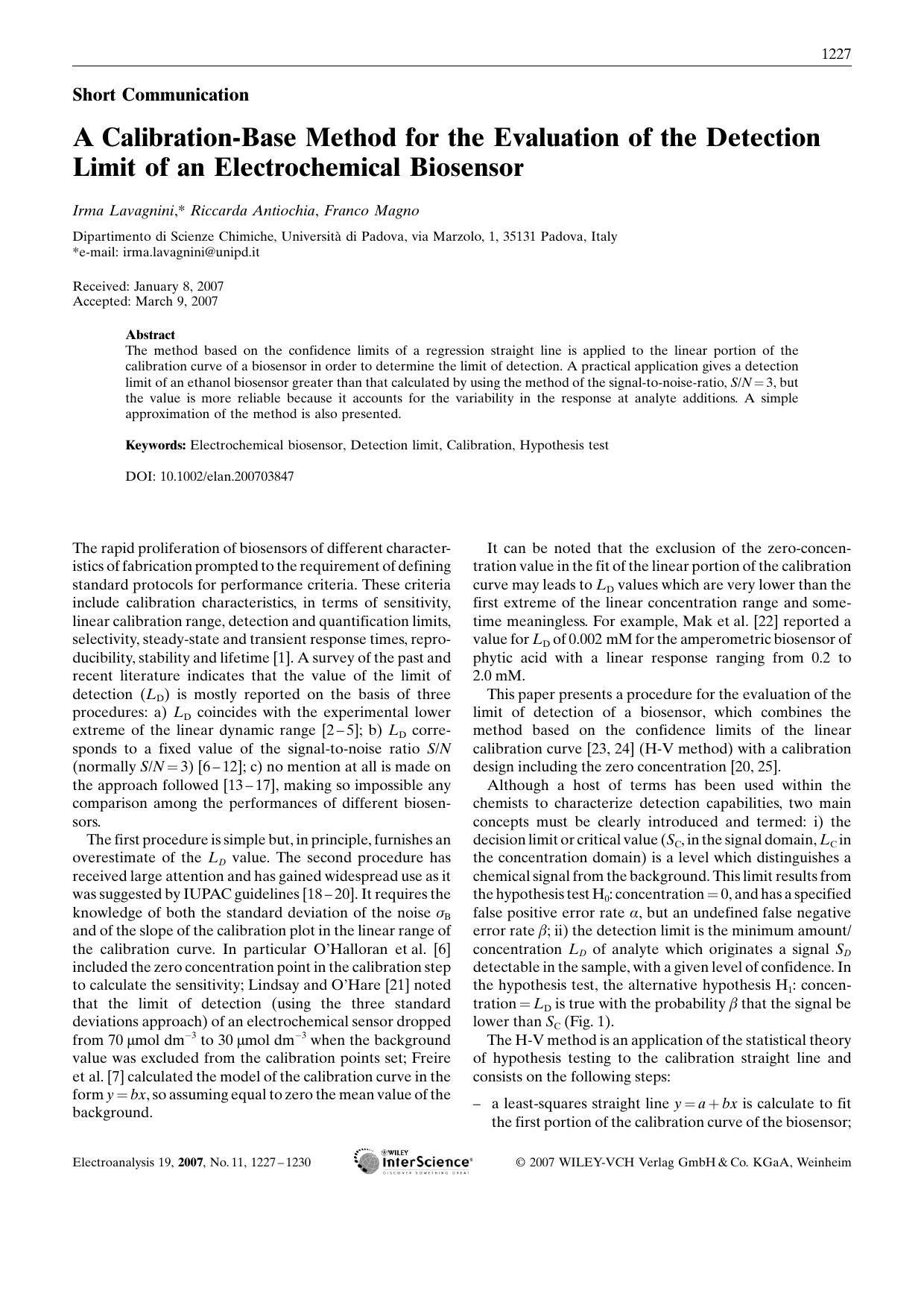 A Calibration-Base Method for the Evaluation of the Detection Limit of an Electrochemical Biosensor by Unknown