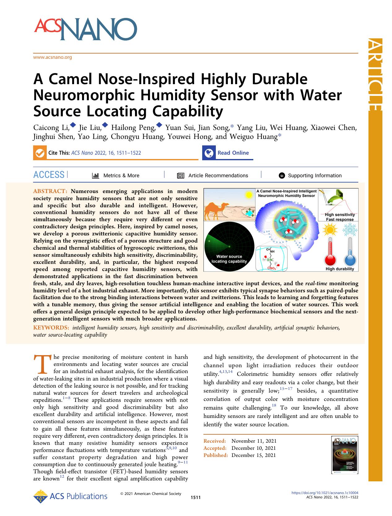 A Camel Nose-Inspired Highly Durable Neuromorphic Humidity Sensor with Water Source Locating Capability by unknow