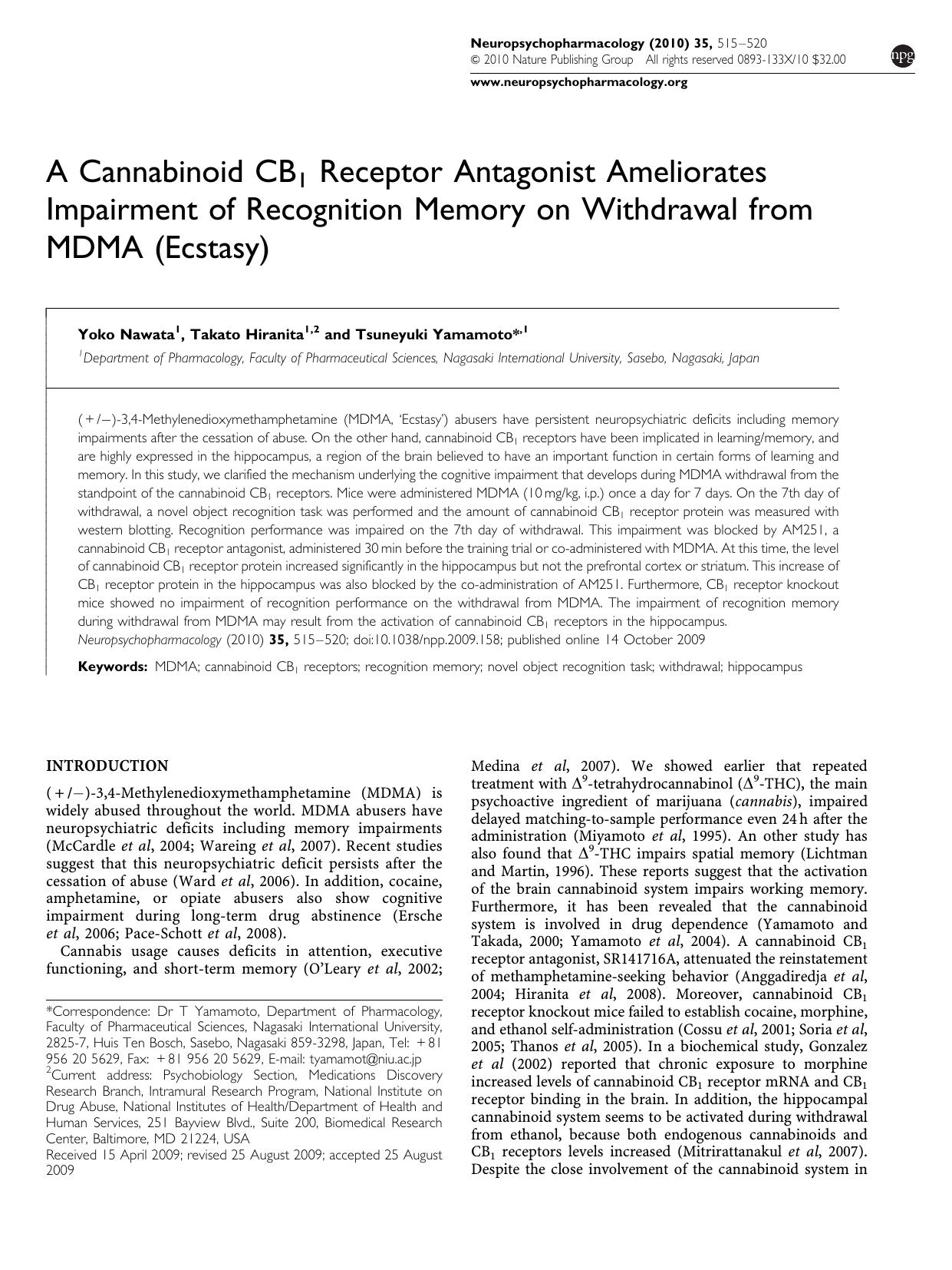 A Cannabinoid CB1 Receptor Antagonist Ameliorates Impairment of Recognition Memory on Withdrawal from MDMA (Ecstasy) by Yoko Nawata & Takato Hiranita & Tsuneyuki Yamamoto