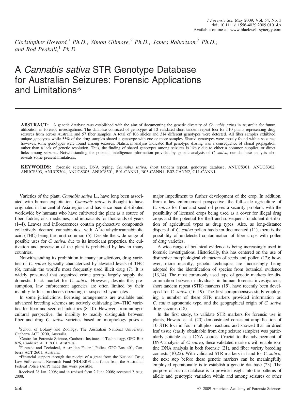 A Cannabis sativa STR Genotype Database for Australian Seizures: Forensic Applications and Limitations* by Unknown