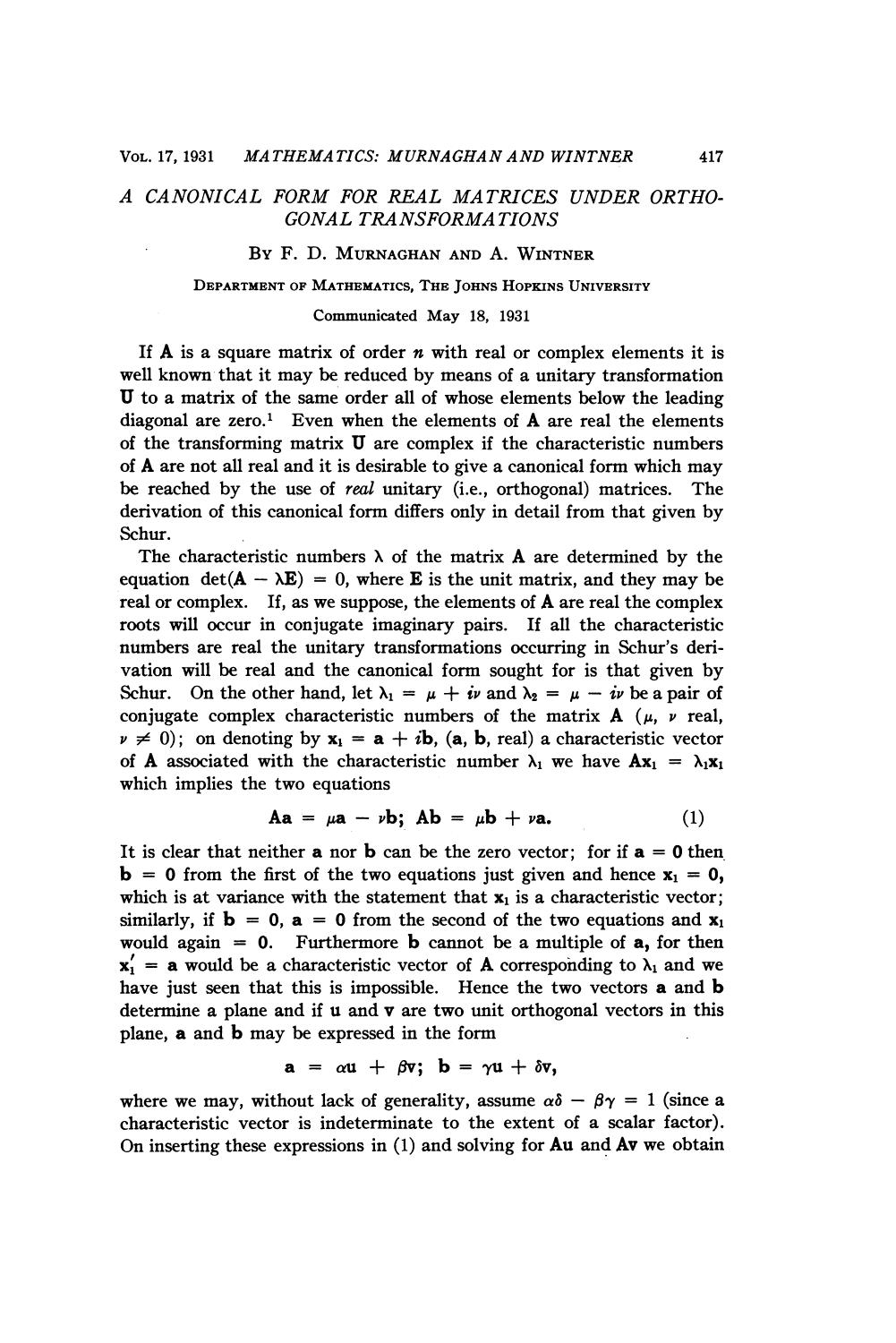 A Canonical Form for Real Matrices under Orthogonal Transformations by Marnaghan F. D. Wintner A