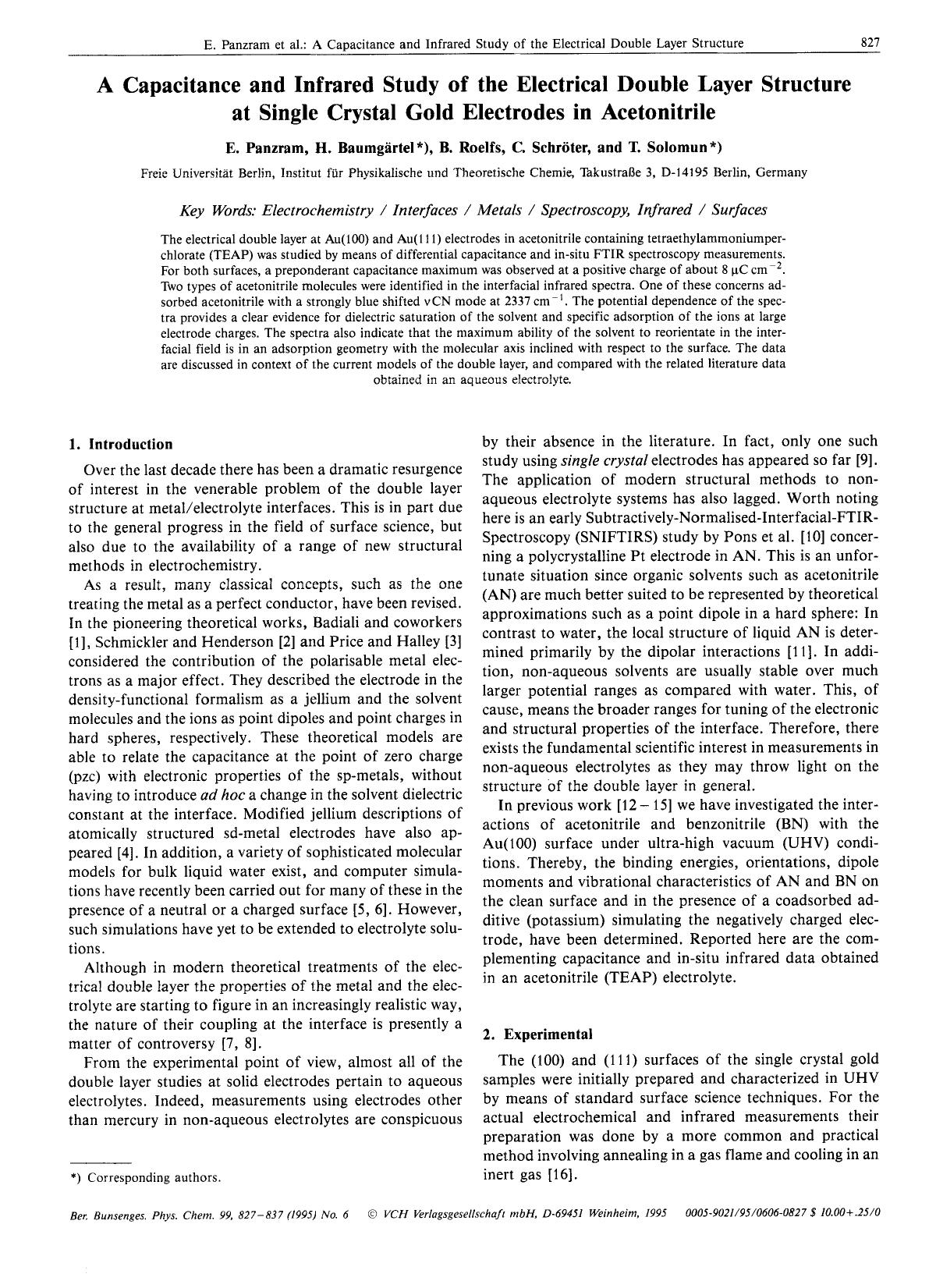 A Capacitance and Infrared Study of the Electrical Double Layer Structure at Single Crystal Gold Electrodes in Acetonitrile by Unknown