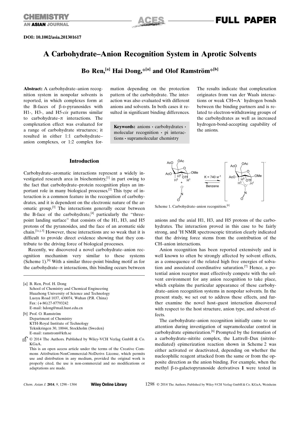 A CarbohydrateAnion Recognition System in Aprotic Solvents by Unknown