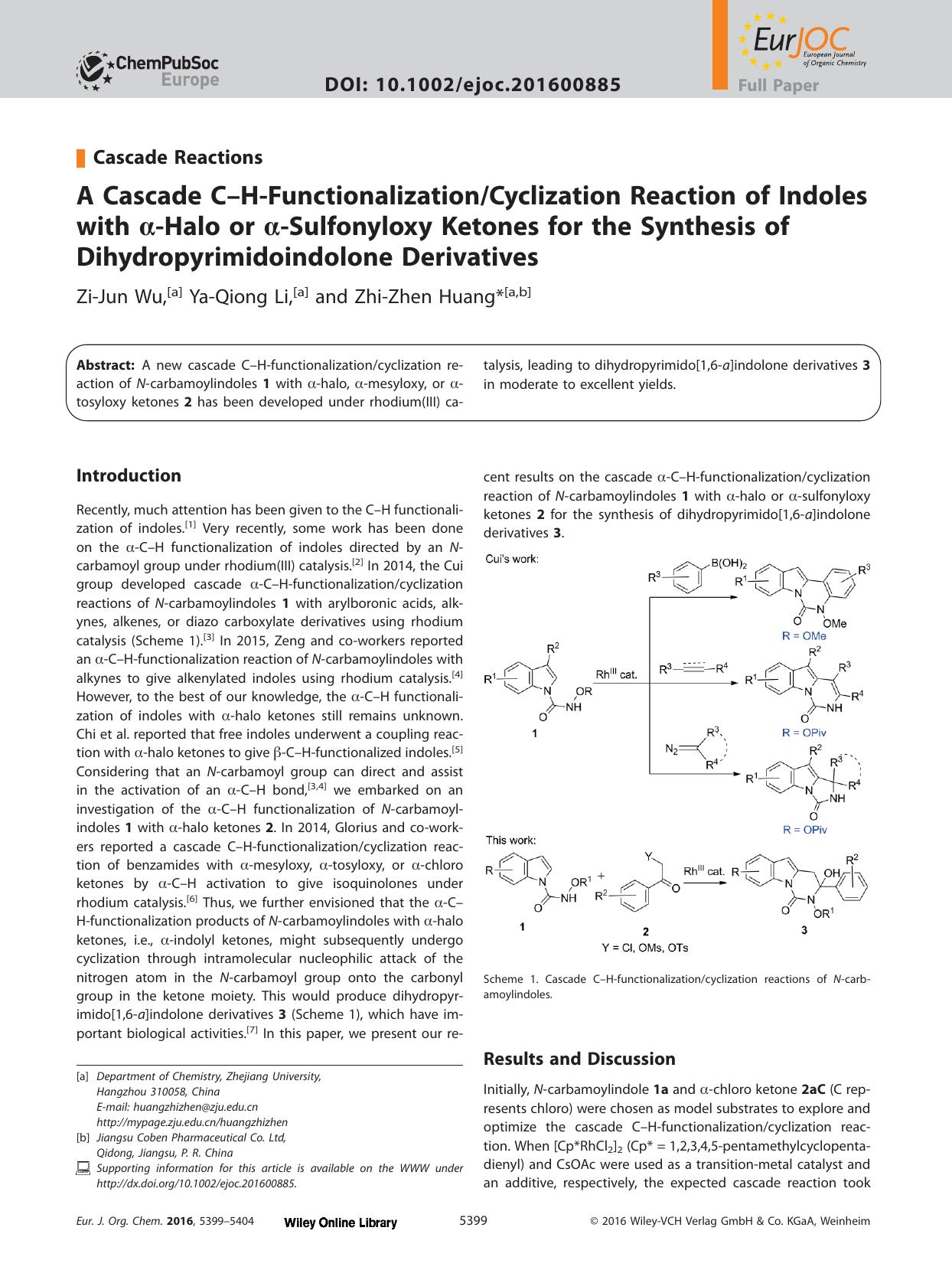 A Cascade C&#x02013;H&#x02010;FunctionalizationCyclization Reaction of Indoles with &#x003B1;&#x02010;Halo or &#x003B1;&#x02010;Sulfonyloxy Ketones for the Synthesis of Dihydropyri by Unknown