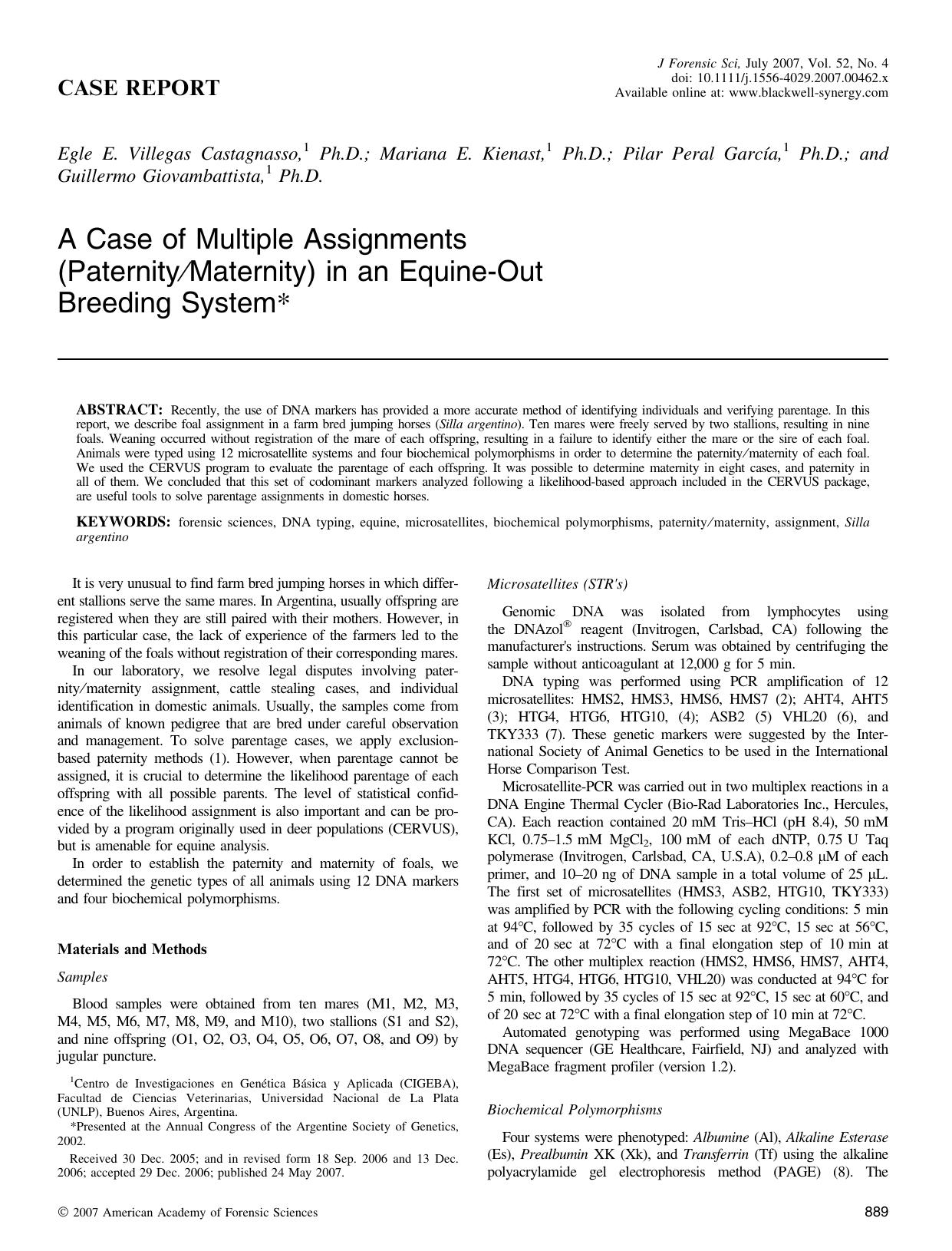 A Case of Multiple Assignments (PaternityMaternity) in an Equine-Out Breeding System* by Unknown