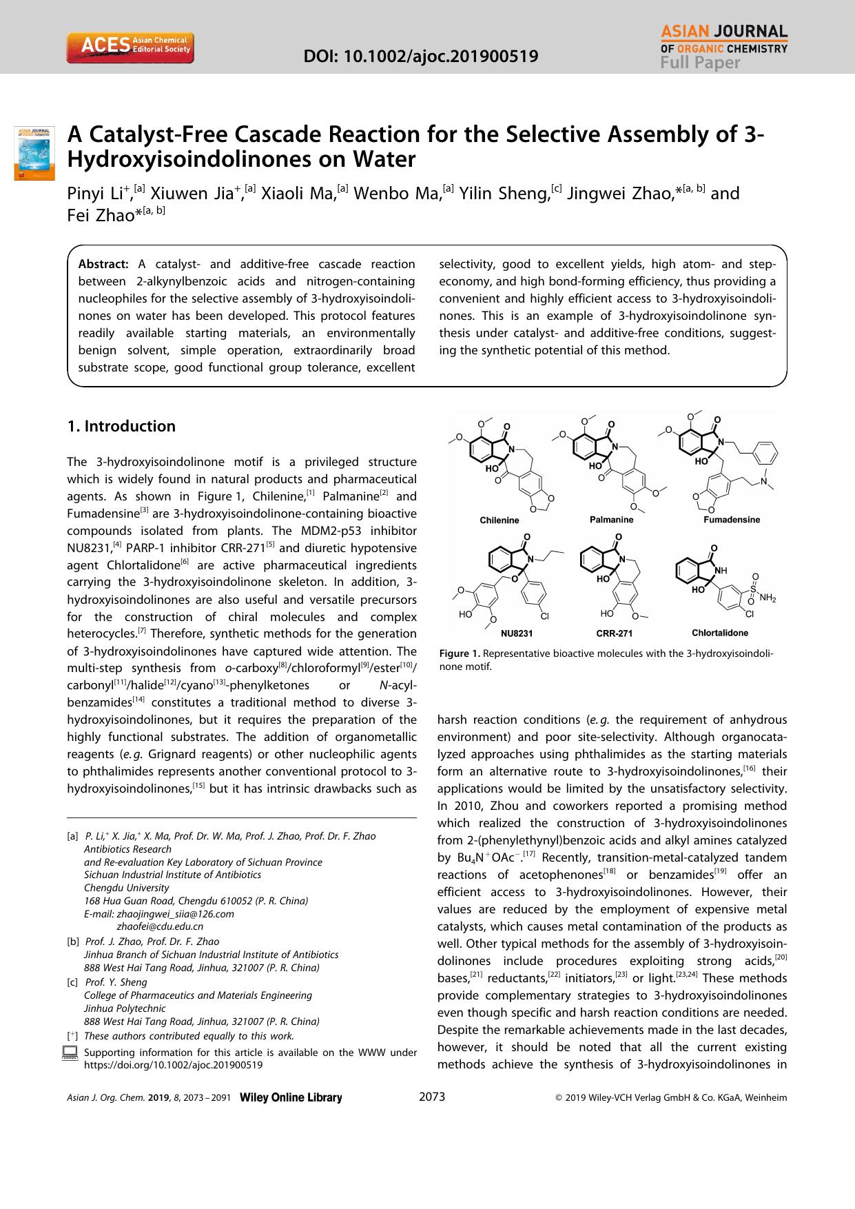 A CatalystâFree Cascade Reaction for the Selective Assembly of 3âHydroxyisoindolinones on Water by Unknown