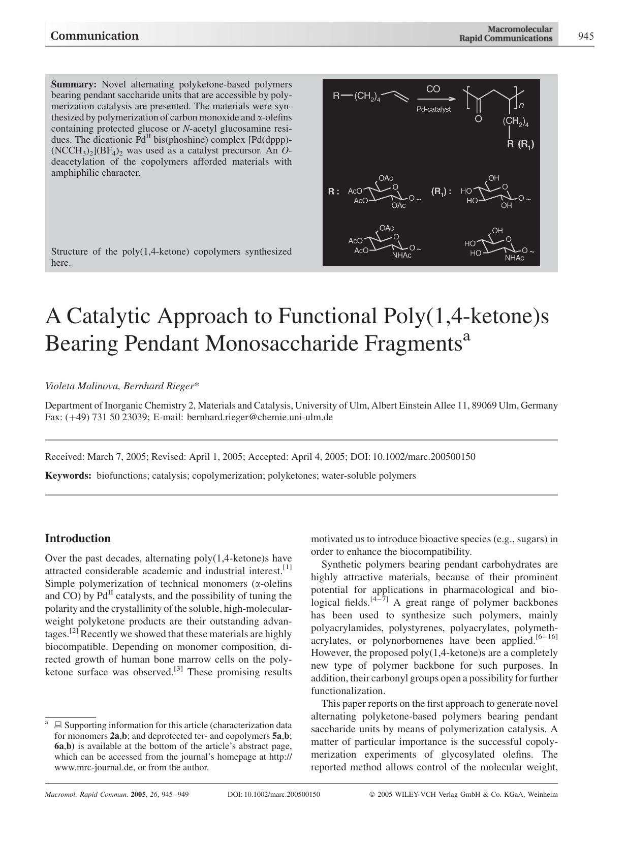 A Catalytic Approach to Functional Poly(1,4-ketone)s Bearing Pendant Monosaccharide Fragments by Unknown
