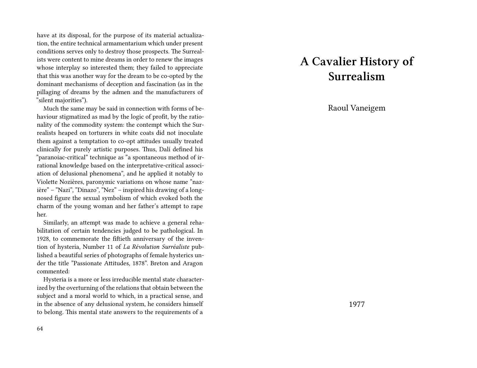 A Cavalier History of Surrealism by Raoul Vaneigem; Jules-François Dupuis