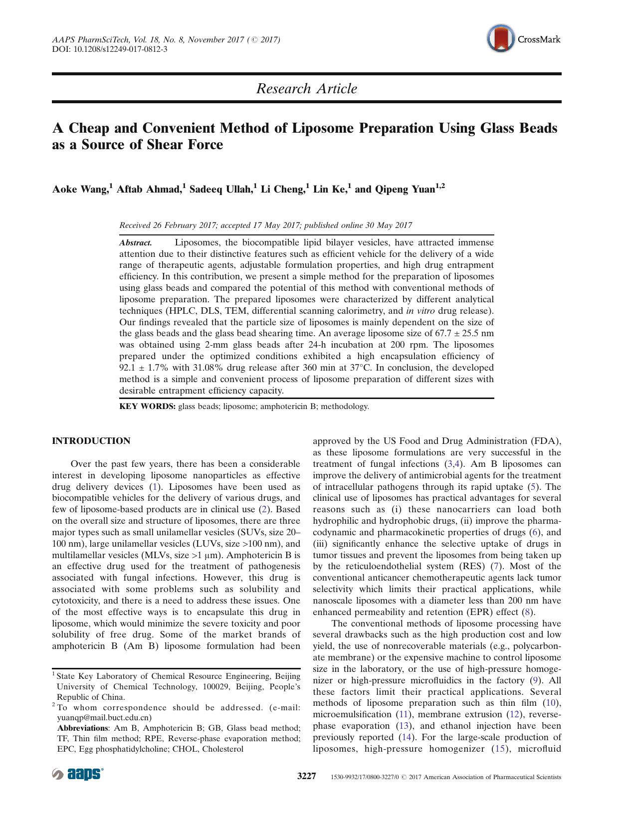 A Cheap and Convenient Method of Liposome Preparation Using Glass Beads as a Source of Shear Force by Aoke Wang & Aftab Ahmad & Sadeeq Ullah & Li Cheng & Lin Ke & Qipeng Yuan