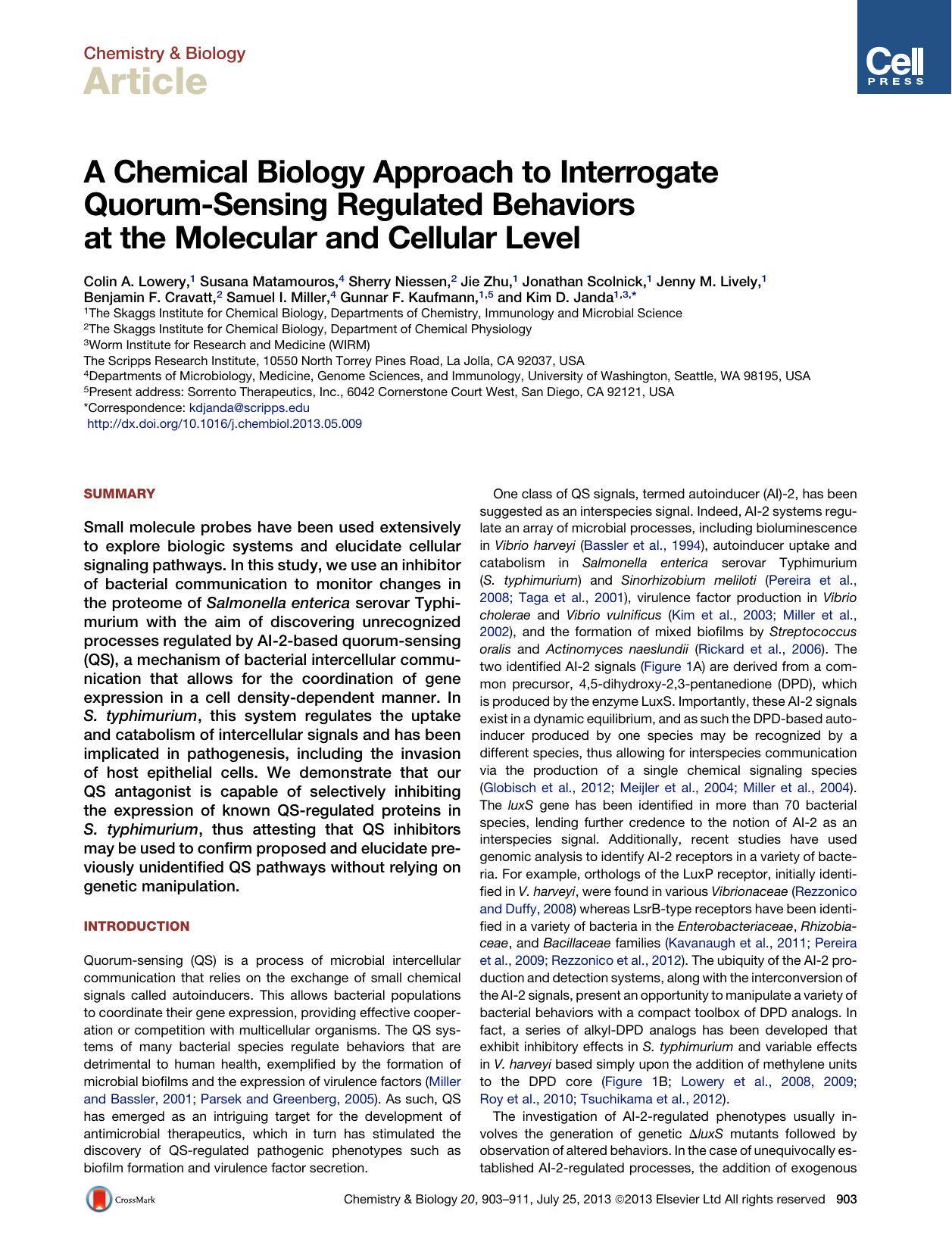 A Chemical Biology Approach to Interrogate Quorum-Sensing Regulated Behaviors at the Molecular and Cellular Level by unknow