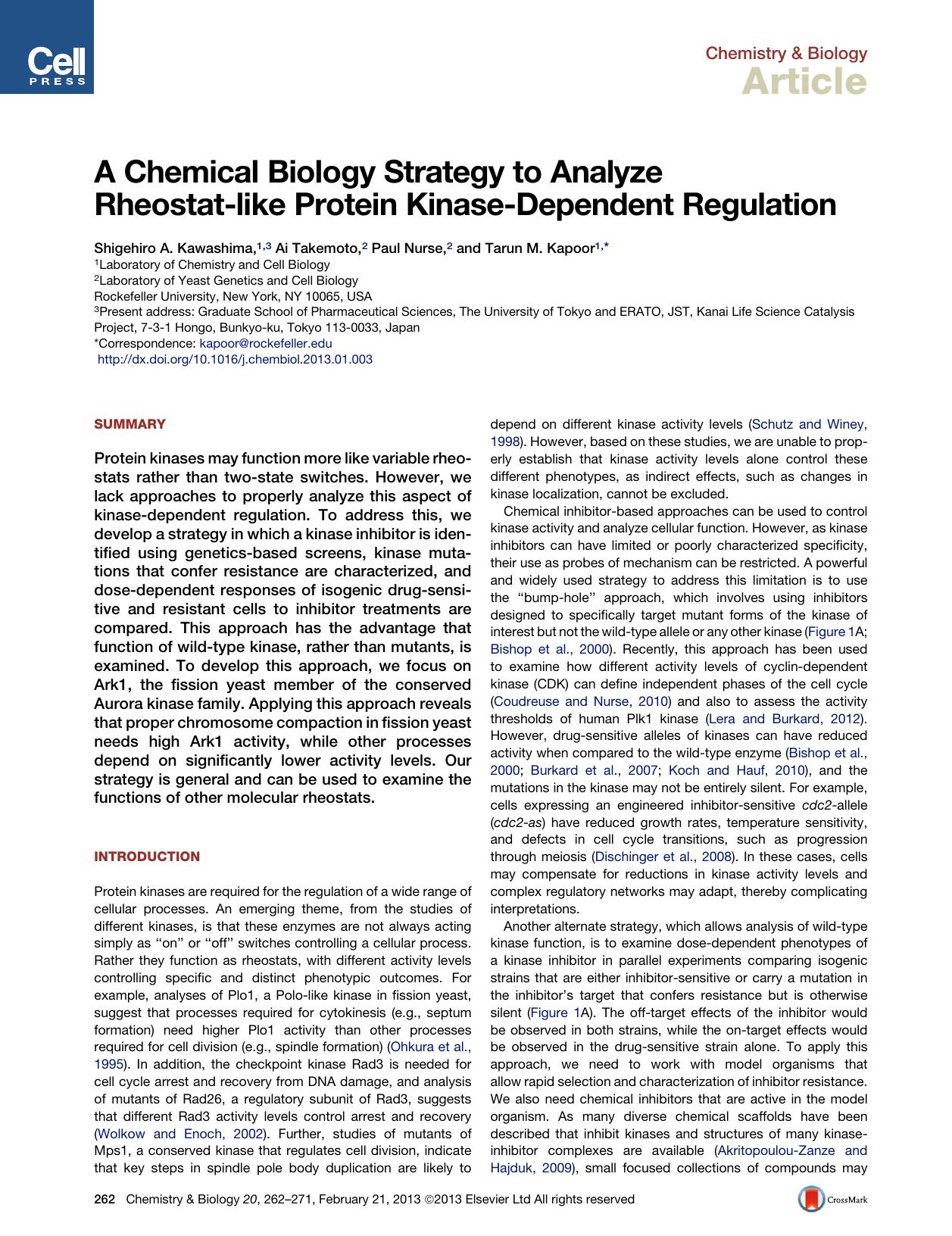 A Chemical Biology Strategy to Analyze Rheostat-like Protein Kinase-Dependent Regulation by Shigehiro A. Kawashima & Ai Takemoto & Paul Nurse & Tarun M. Kapoor